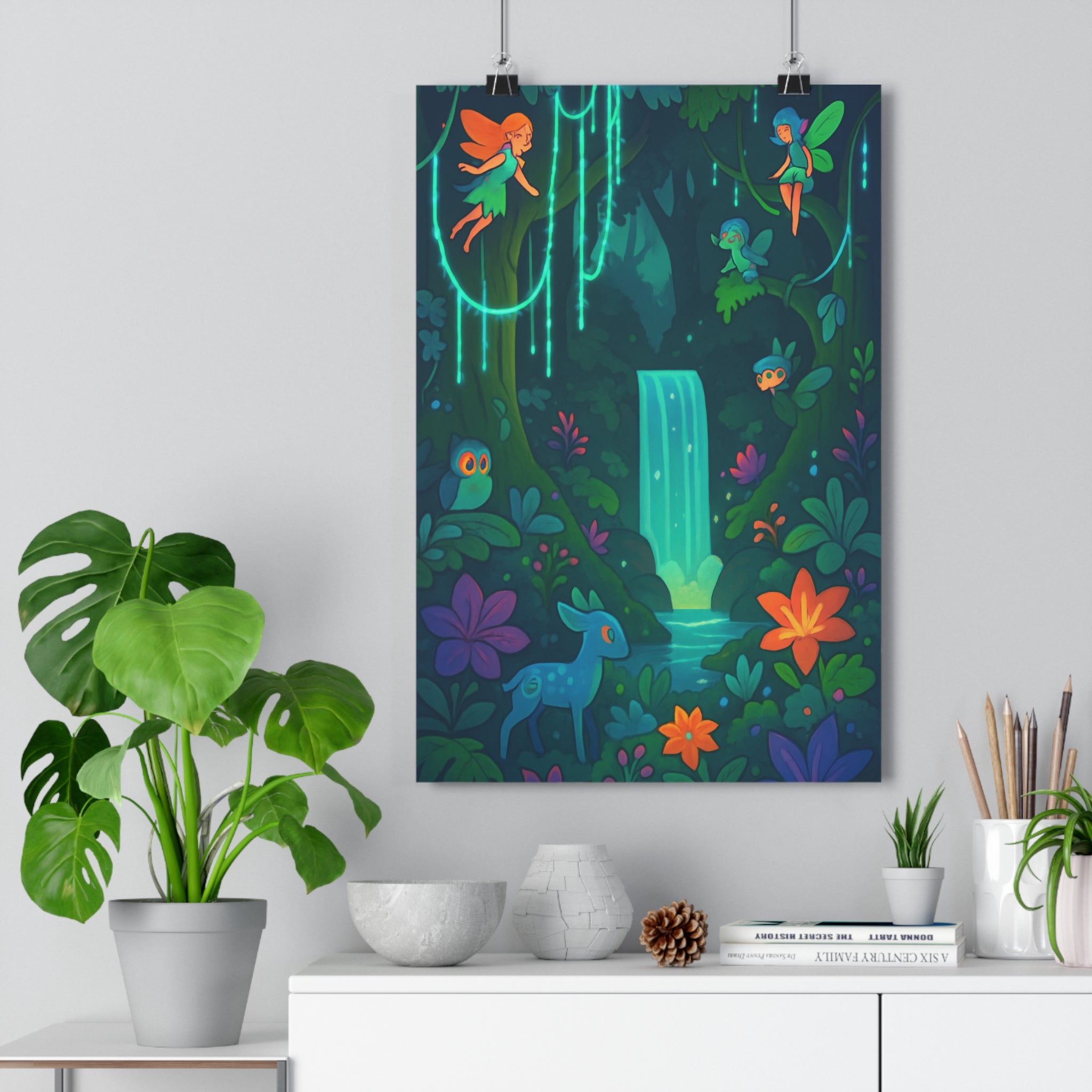 Poster décoratif féerique bleu vert fantaisie enfants forêt magique lumineux chambre rêveur cascade qualité