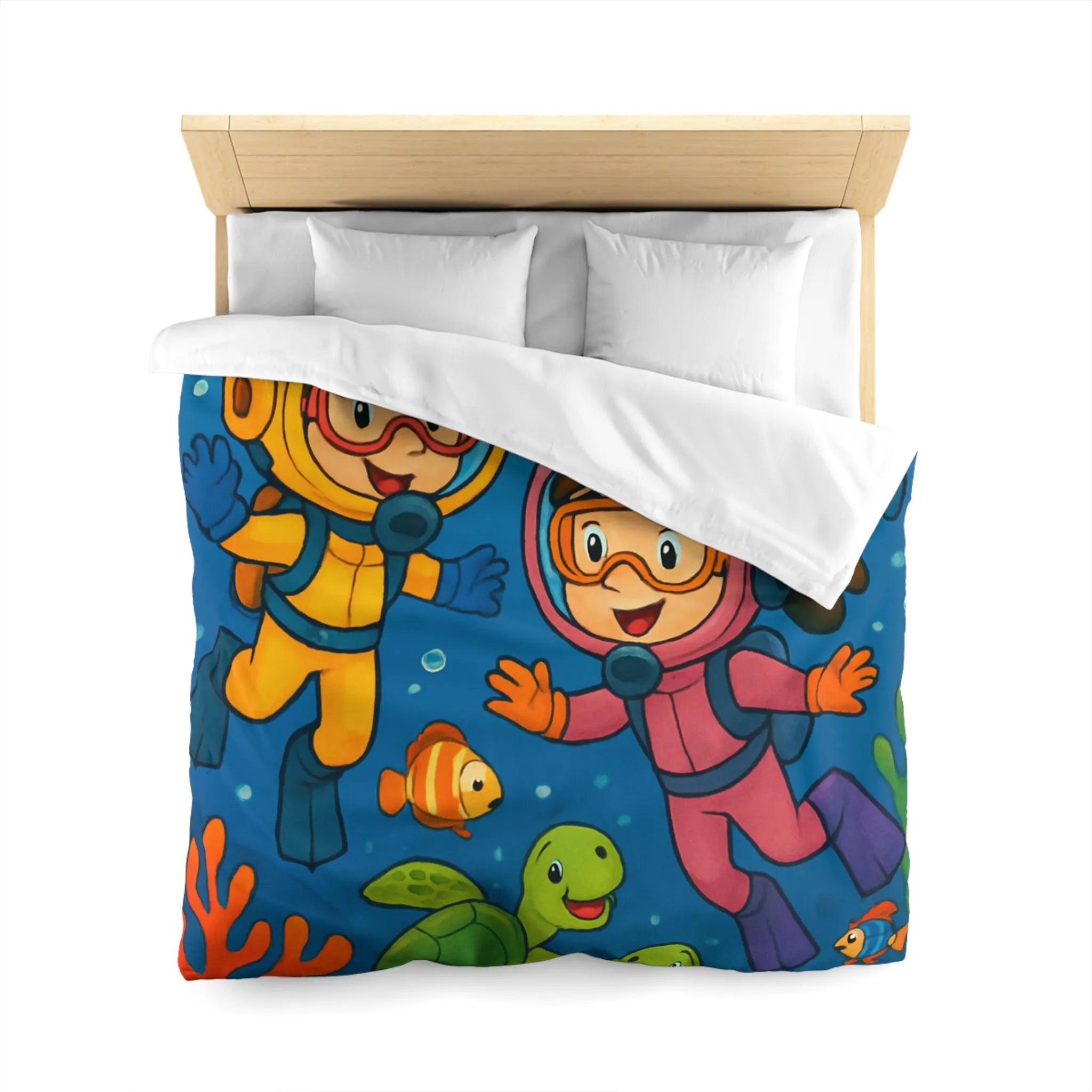 Housse de couette ludique pour enfant avec plongeurs et animaux marins multicolores