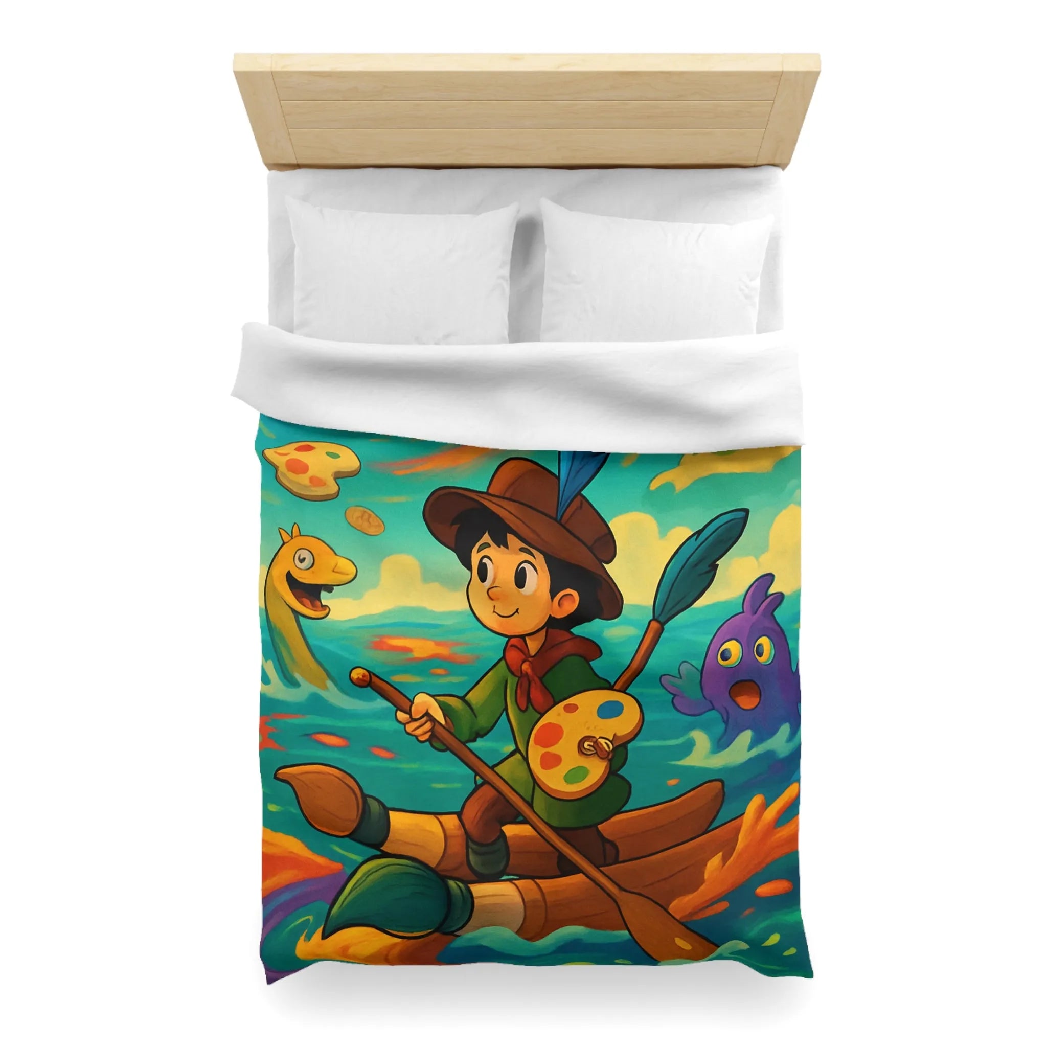 Housse de couette aquarelle enfantine, enfant peignant dans un tourbillon de couleurs vives