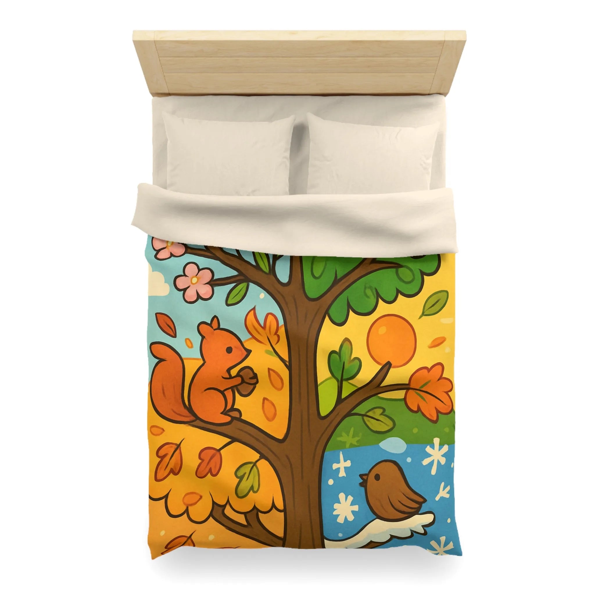 Housse de couette illustrée de l'arbre des quatre saisons avec nature et faune