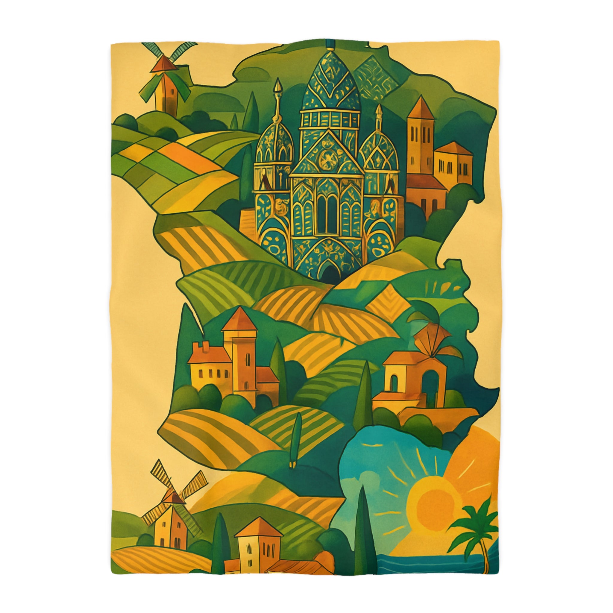 Housse de Couette Paysage France Vintage Coloré avec Monuments, Champs et Soleil