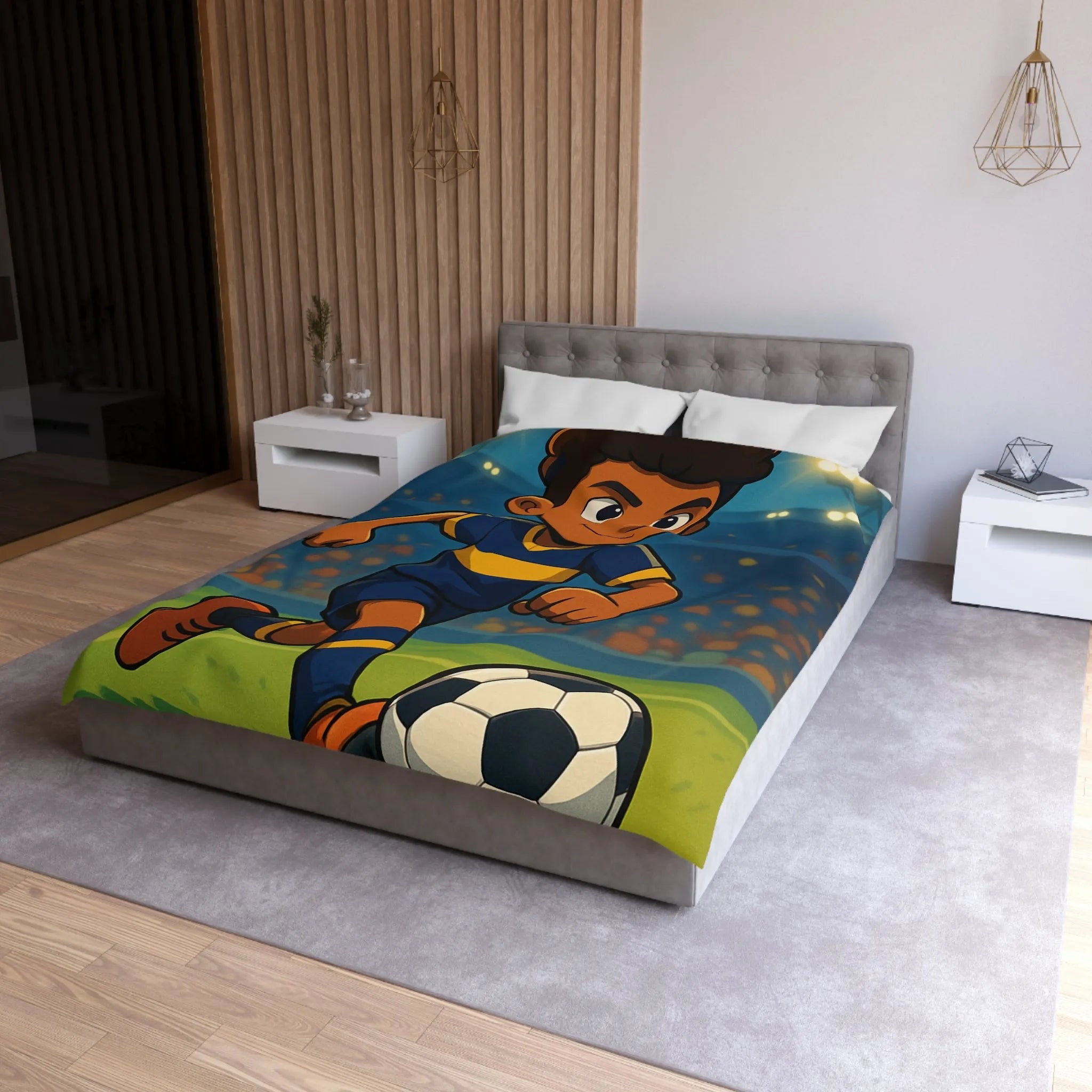 Housse de Couette Enfant Footballeur Dessin Animé, Terrain de Jeu Lumineux Sportif