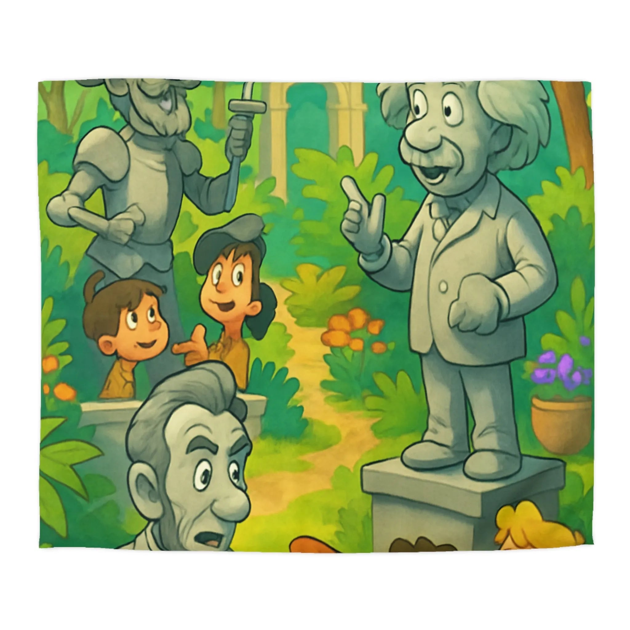 Housse de couette illustrée avec personnages historiques et enfants dans un jardin coloré