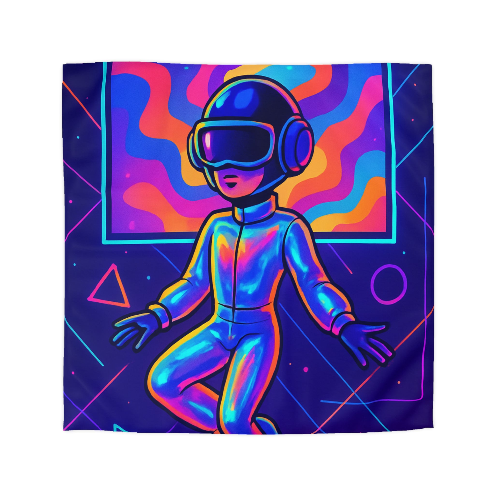 Housse de Couette Surréaliste avec Cosmonautes et Vagues Multicolores en Arrière-Plan