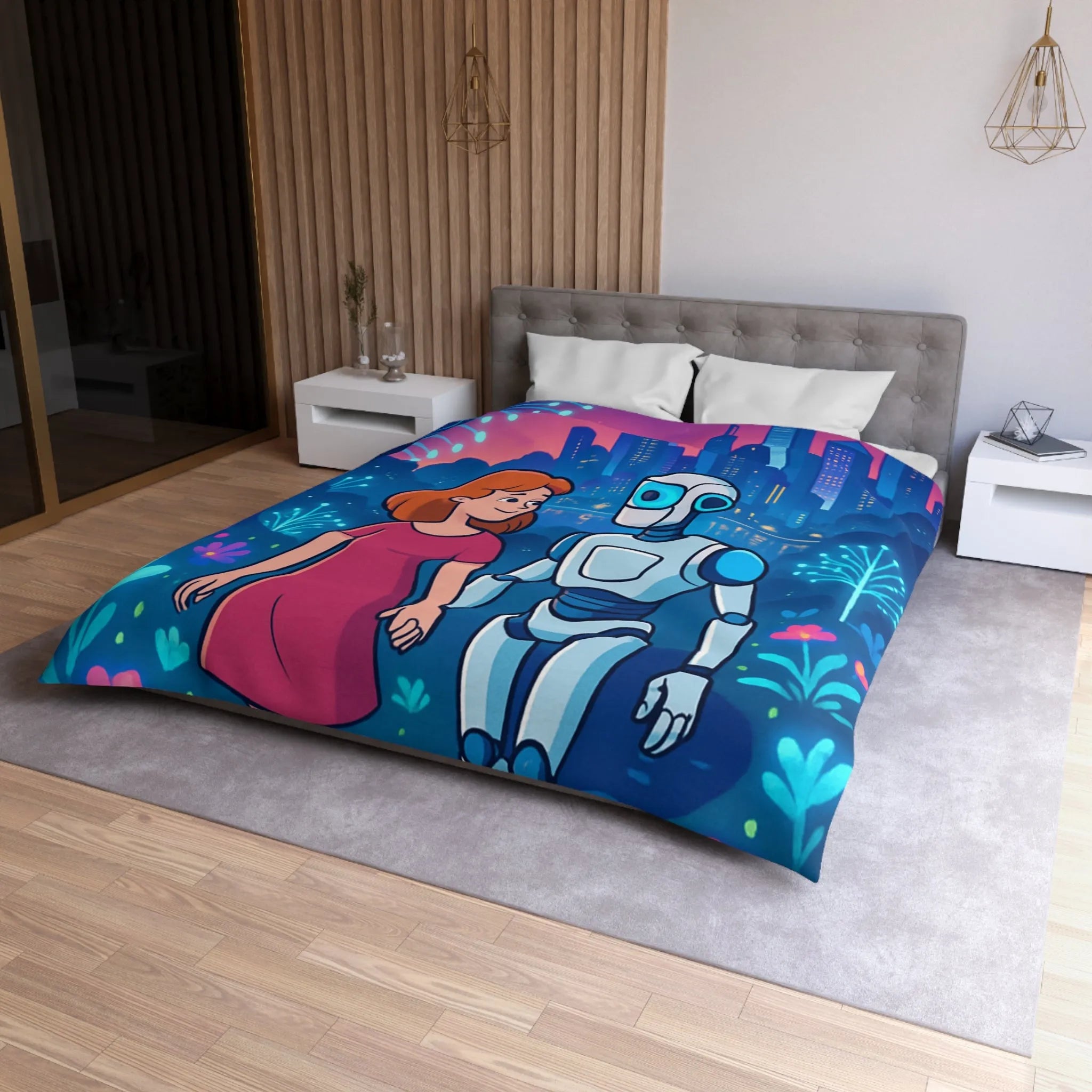 Housse de Couette Enchantée: Enfant et Robot dans un Univers Coloré et Futuriste