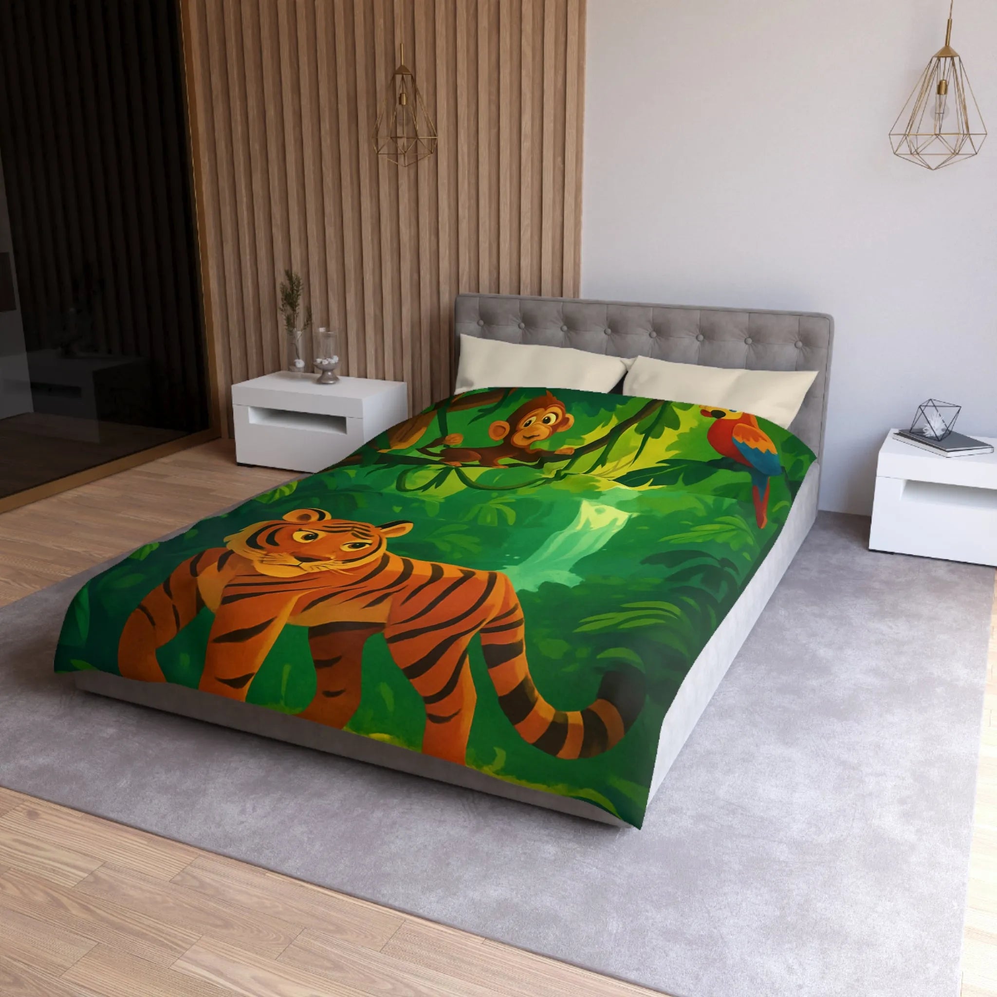 Housse de couette jungle avec tigre, singe et perroquet, cascade en arrière-plan
