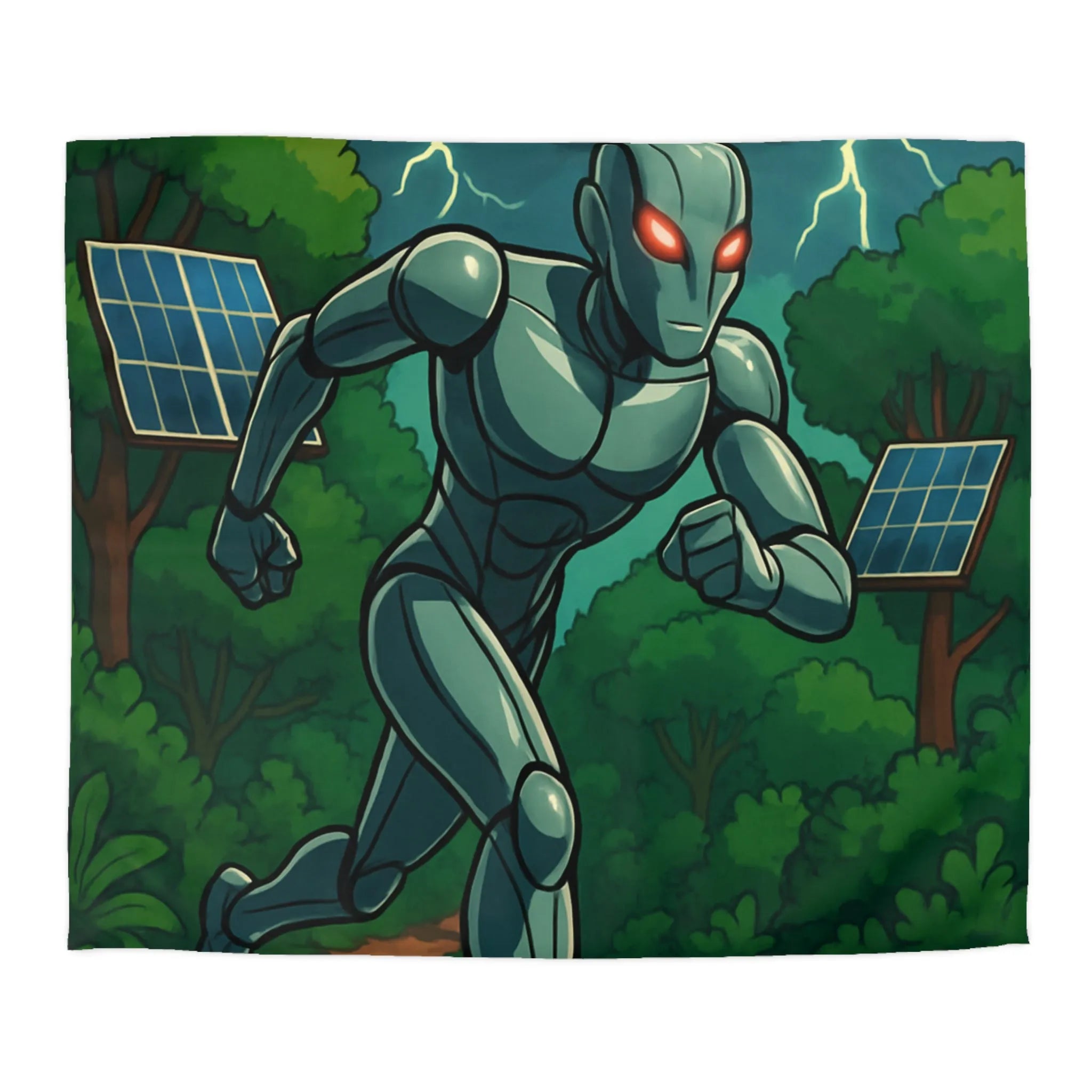 Housse de couette avec robot futuriste courant dans une jungle électrifiée et orageuse