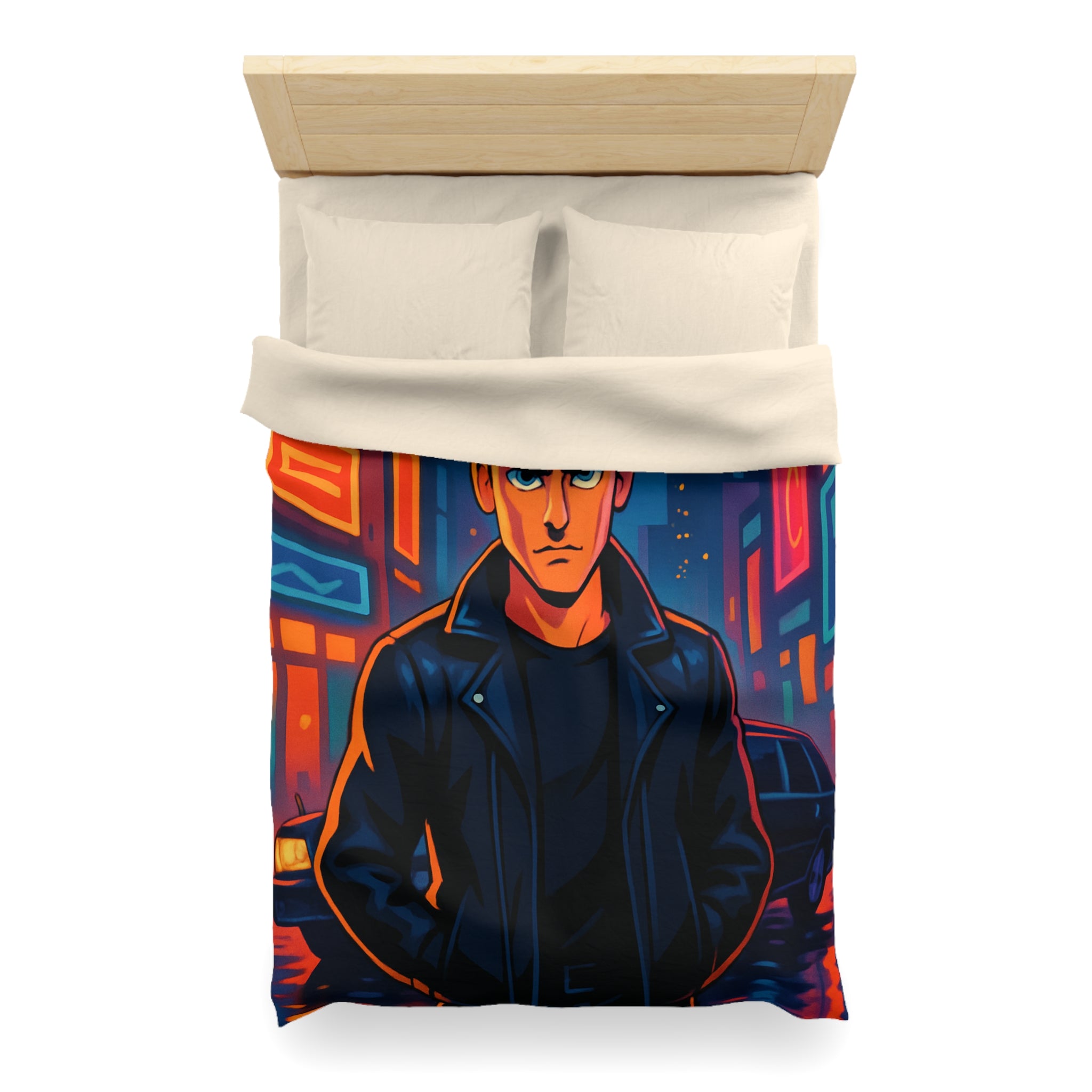 Housse de couette style rétro avec personnage en ville lumineuse sous pleine lune