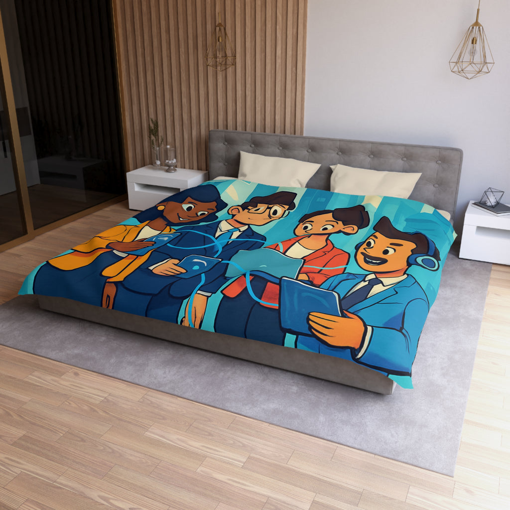 Housse de couette moderne illustrant équipe collaborative en milieu urbain technologique