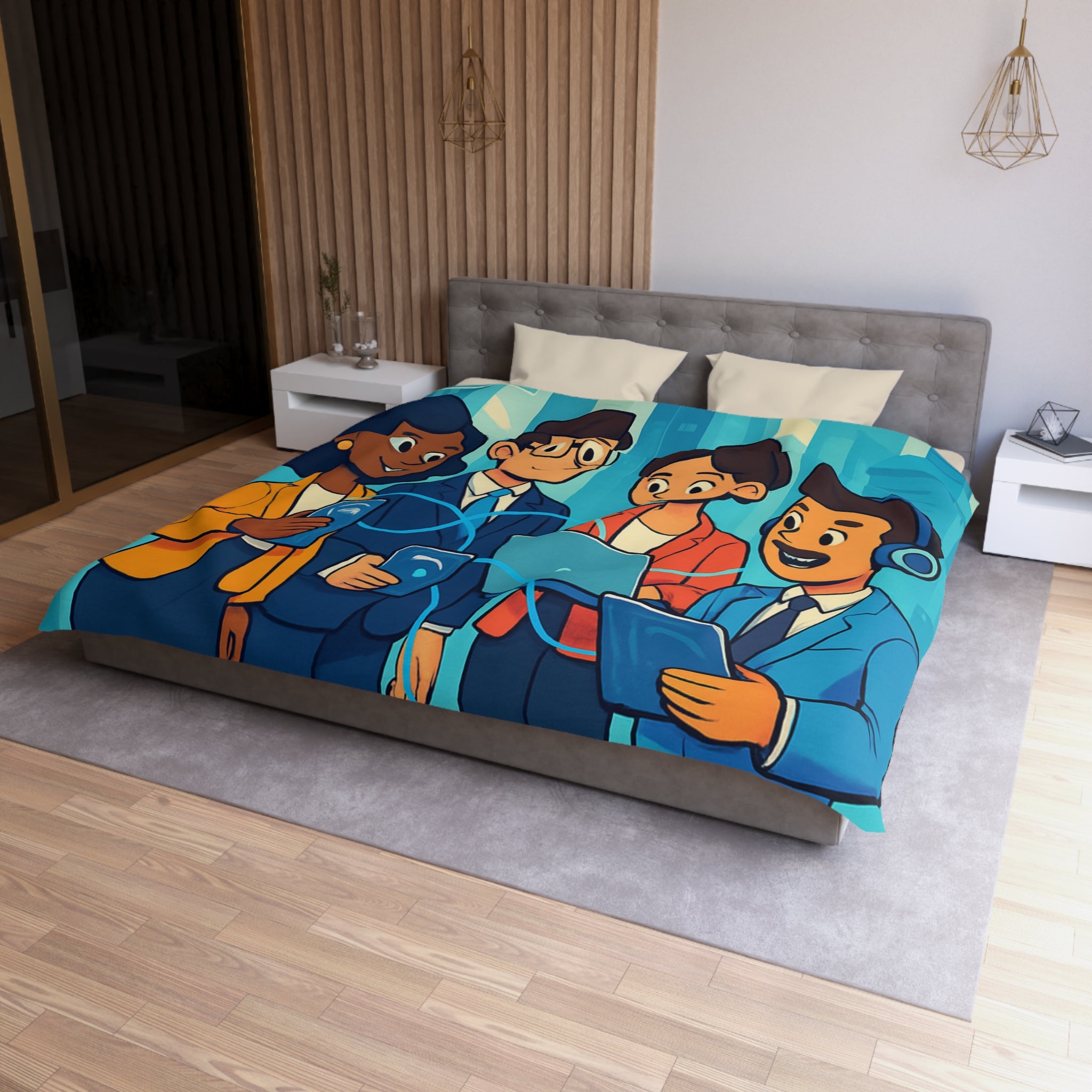 Housse de couette moderne illustrant équipe collaborative en milieu urbain technologique