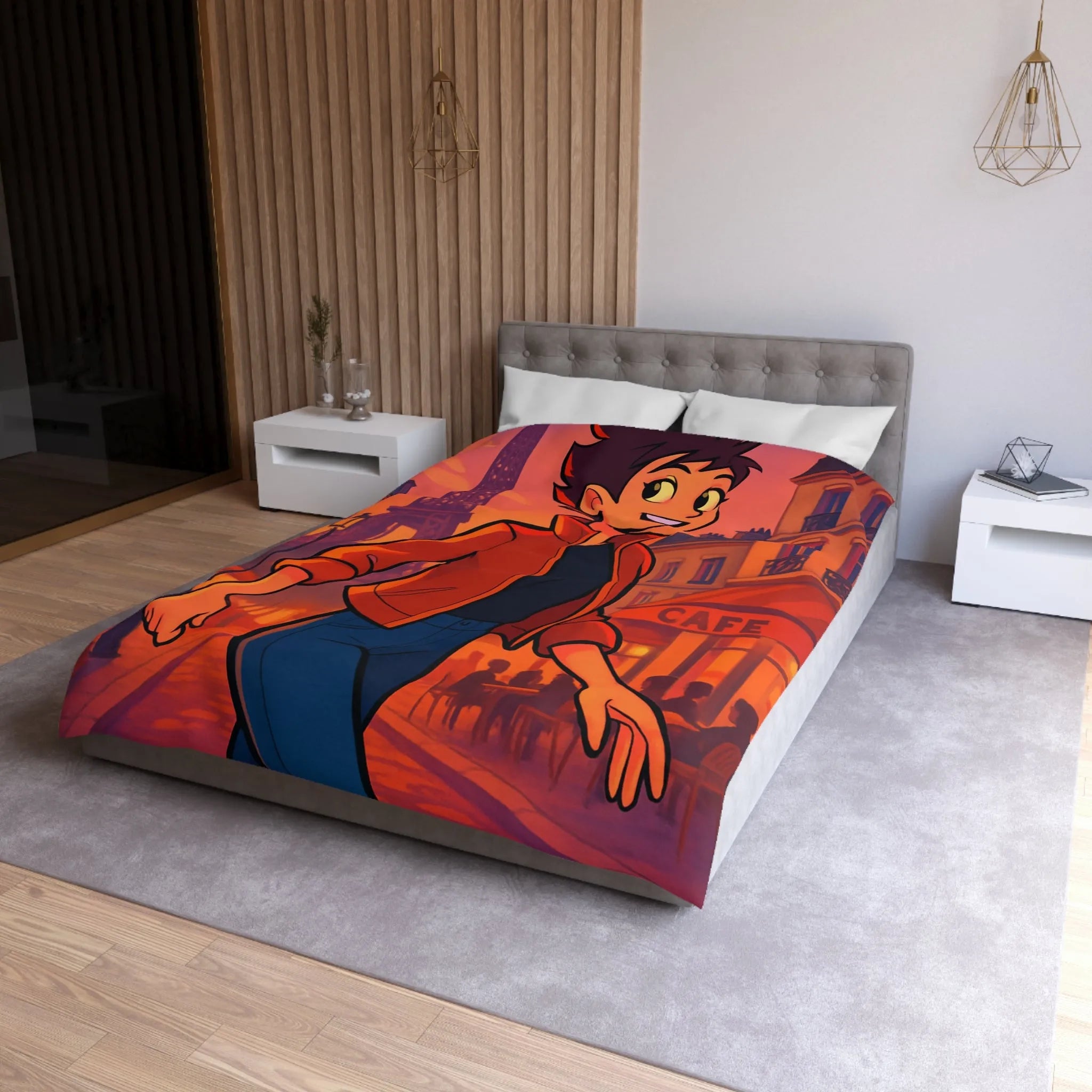 Housse de couette colorée avec illustration parisienne animée d'une silhouette joyeuse