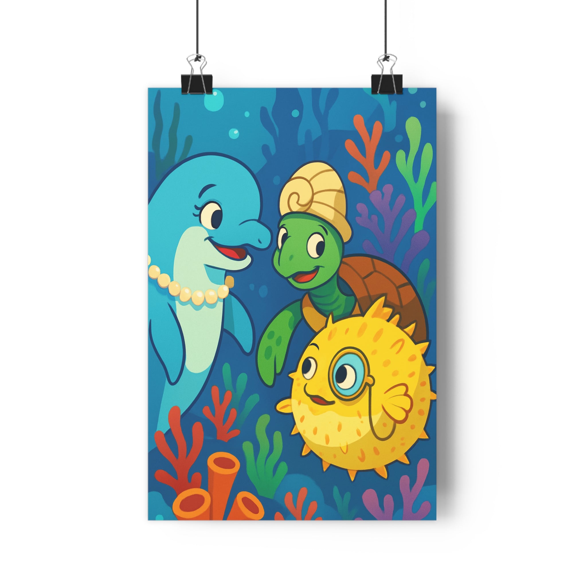 Poster décoratif cartoon bleu vert jaune joyeux chambre enfant créatif océan stylisé ludique aquarium
