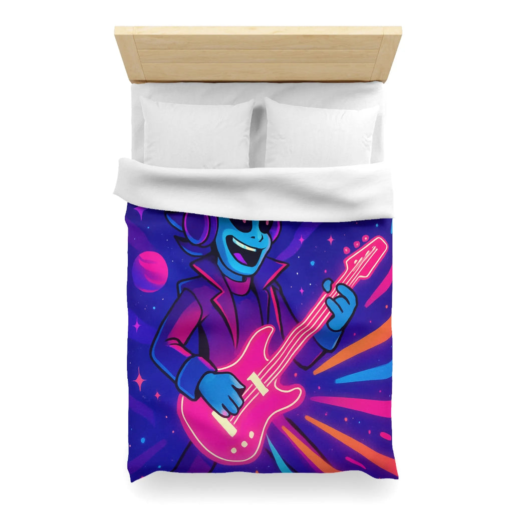 Housse de Couette Galactique avec Musicien Alien et Planètes Multicolores en Néon Vibrant