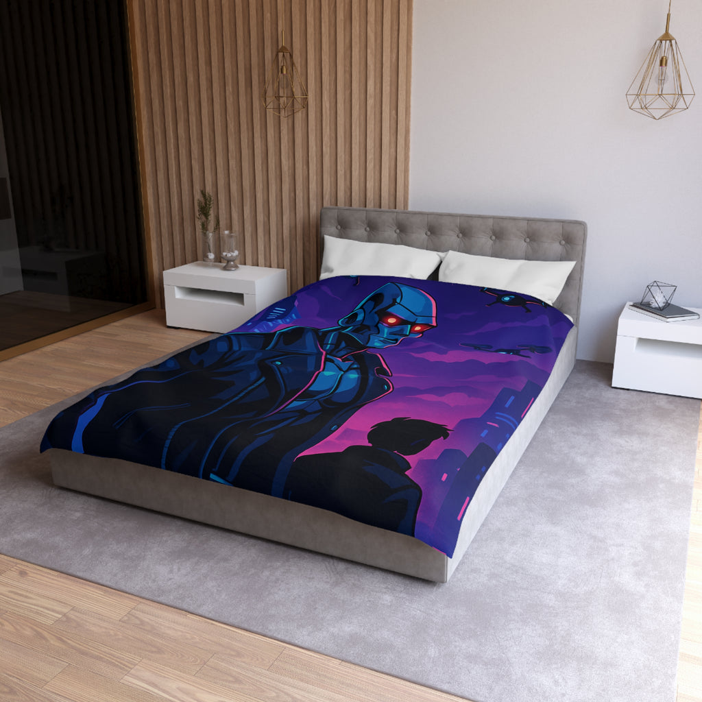 Housse de couette style néon avec robot futuriste et drones en ville de nuit