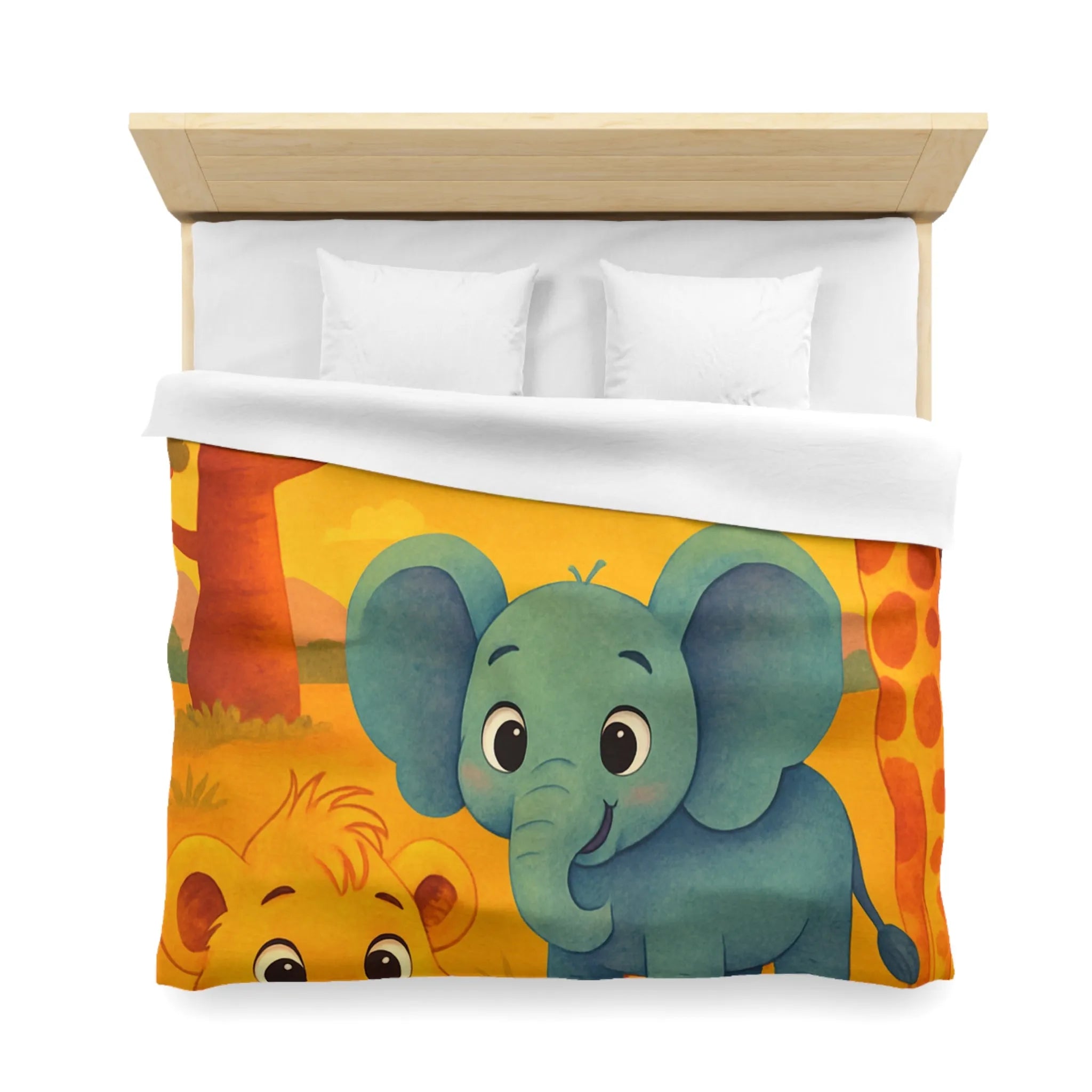 Housse de couette enfants safari animaliers avec lion, éléphant et girafe rigolos