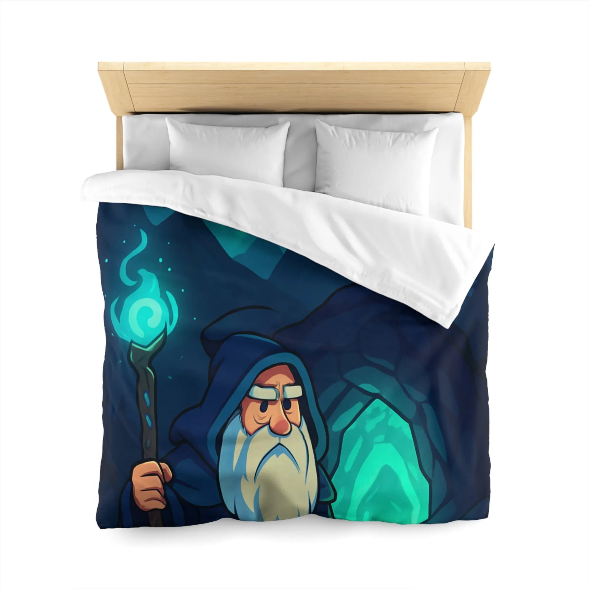 Housse de couette avec illustration de sorcier sous une aurore boréale et pleine lune