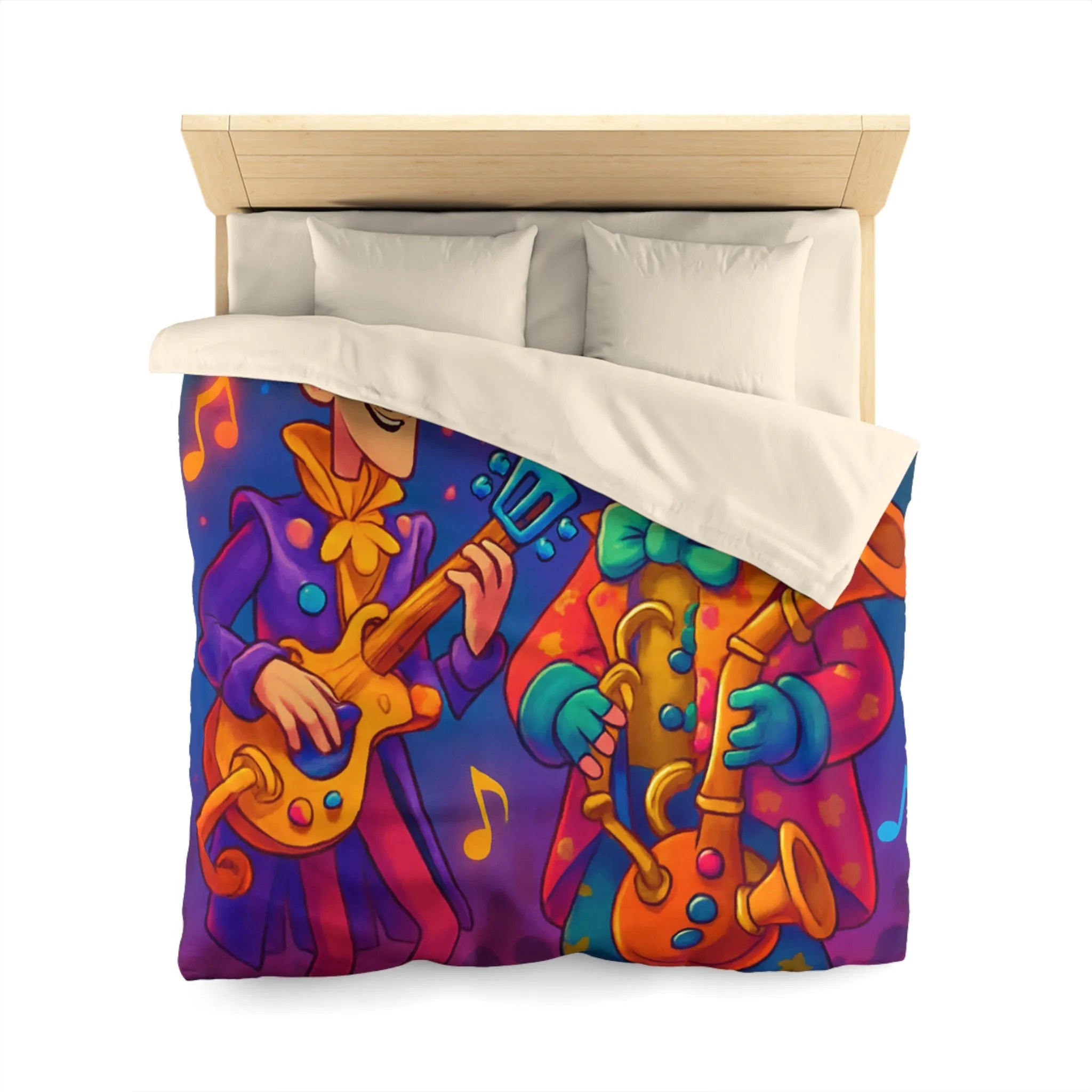 Housse de couette colorée avec musiciens joyeux jouant guitare et saxophone sous projecteurs