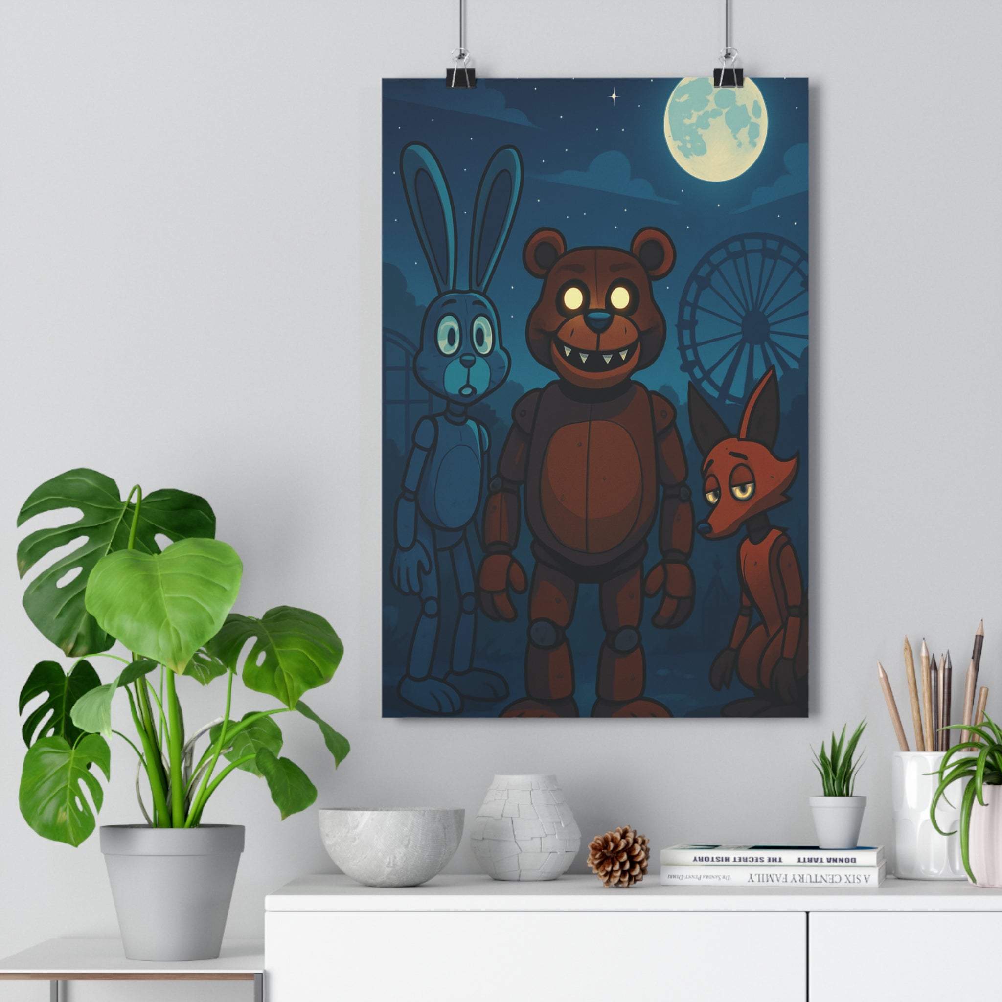 Poster décoratif cartoon ours brun lapin bleu renard rouge mystique chambre enfant nuit étoilée