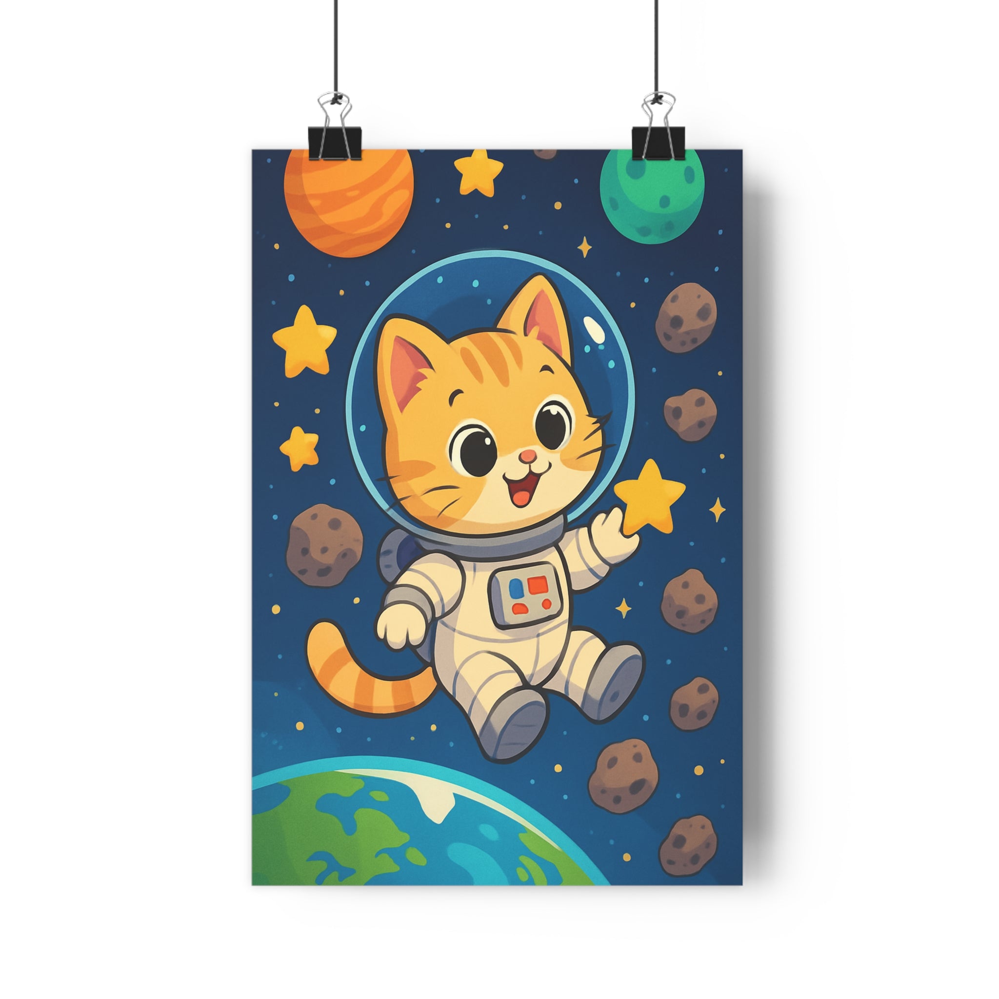 Poster décoratif cartoon chaton astronaute espace étoiles planètes pastel joyeux chambre enfant 30x46 cm