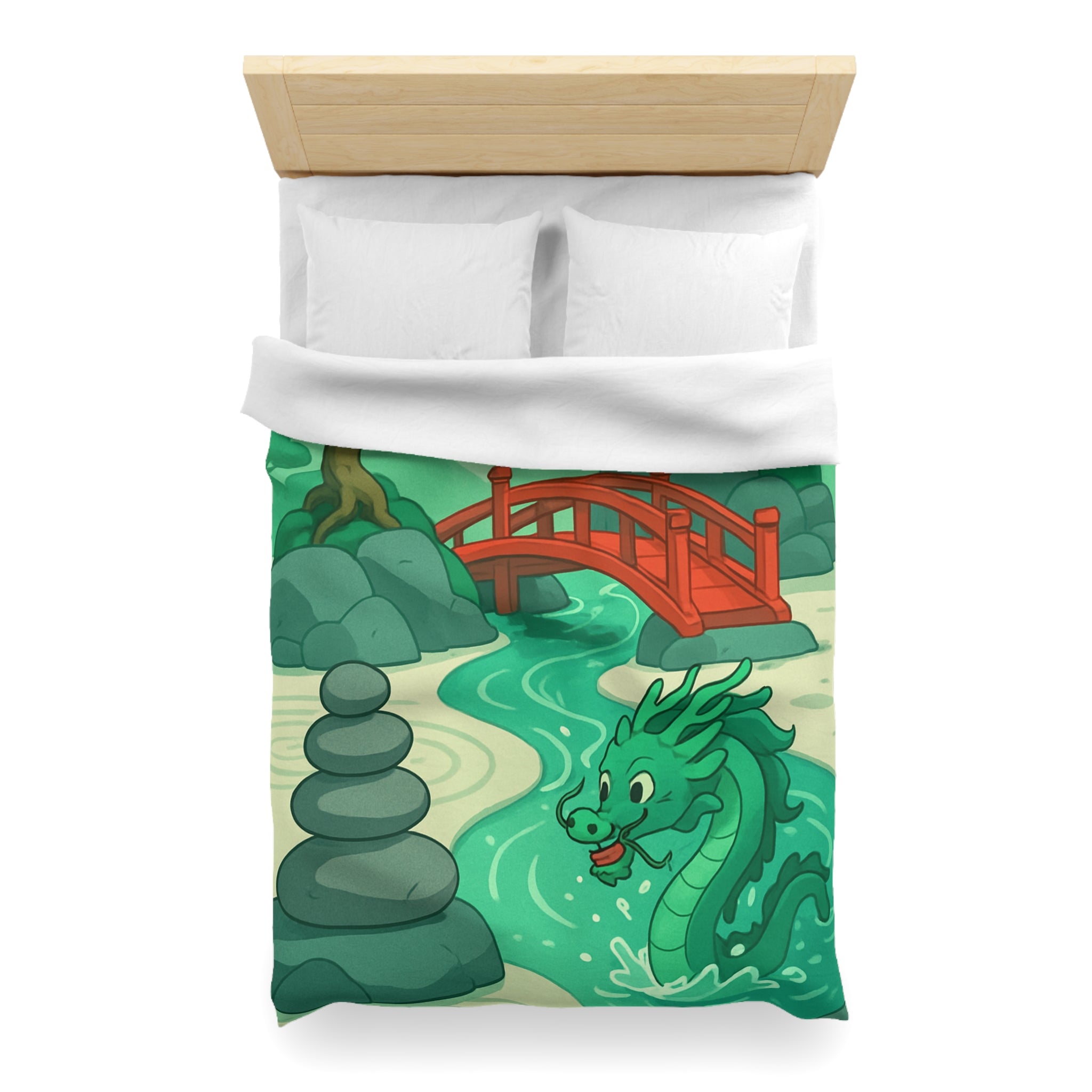 Magnifique housse de couette dragon vert dans jardin zen avec pont rouge