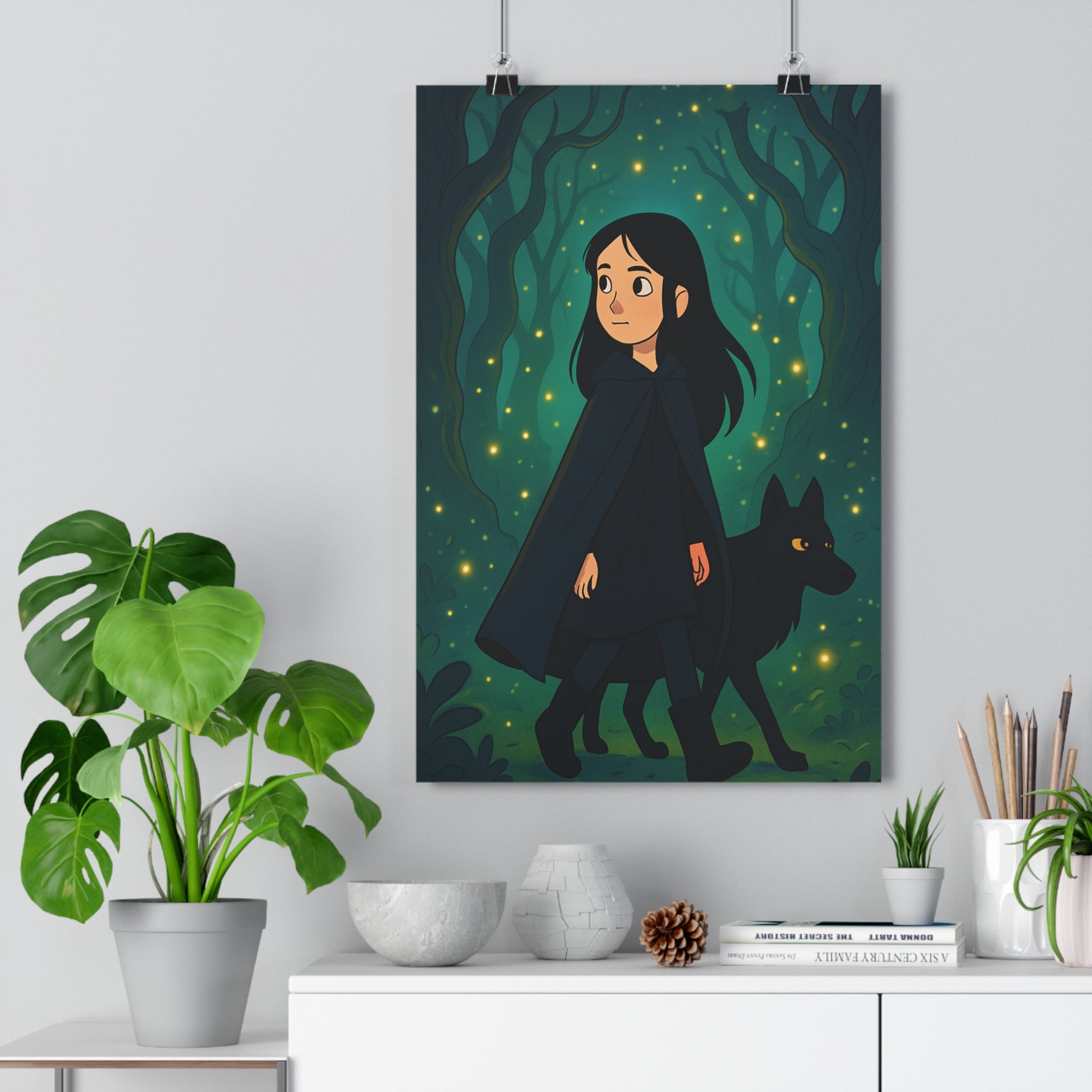 Poster décoratif adolescent mystérieux loup noir forêt enchantée vert bleu magique chambre ambiance qualité