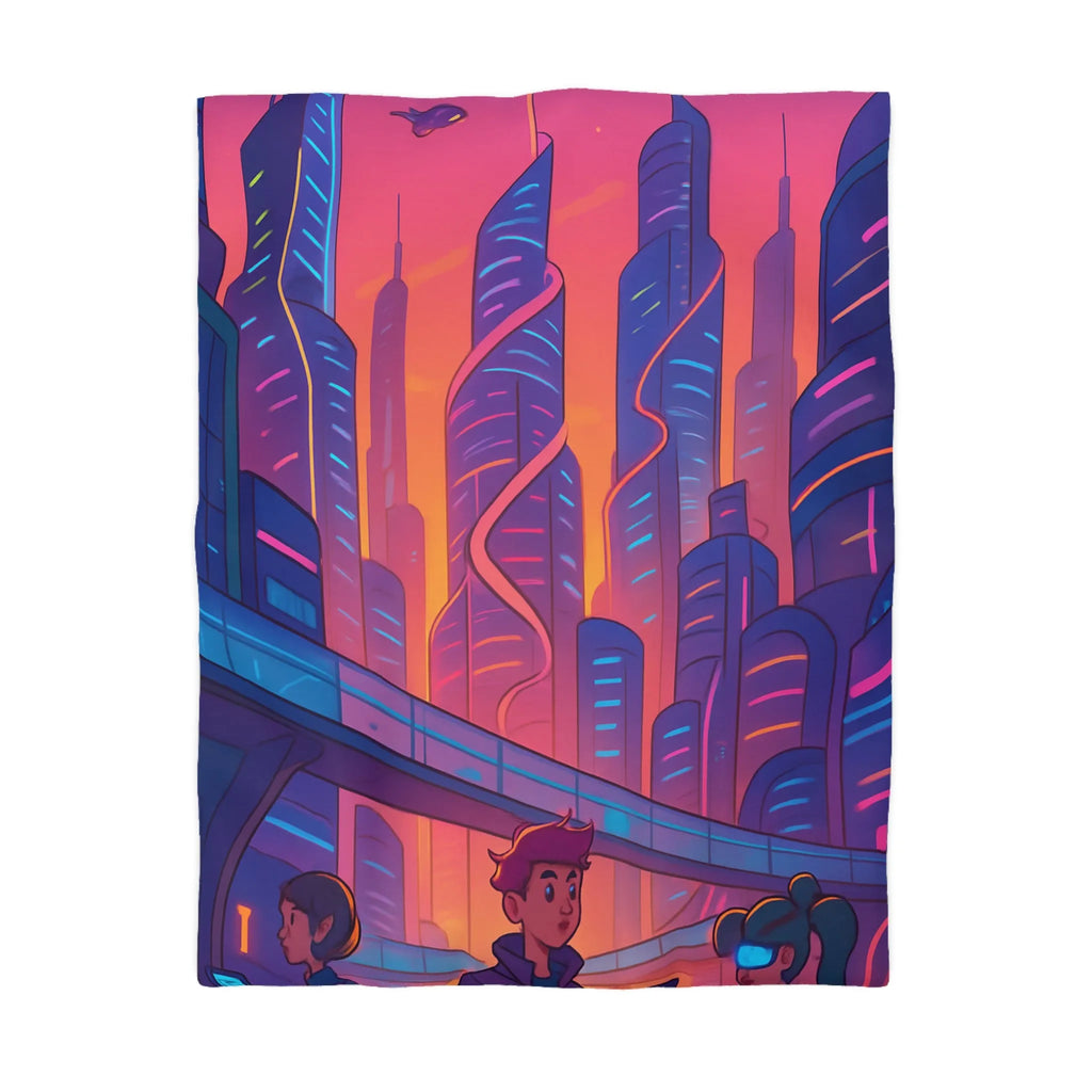 Housse de couette décor futuriste avec ville néon et gratte-ciel au coucher du soleil