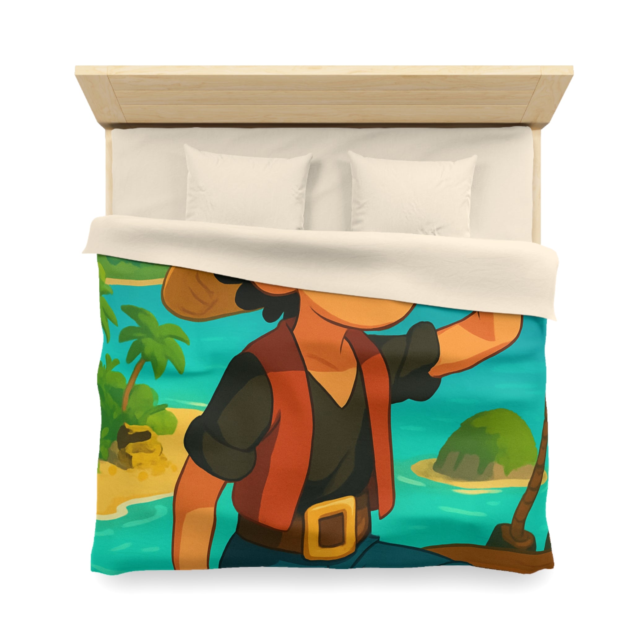 Housse de couette tropicale enfant avec pirate aventurier sur fond d'île paradisiaque