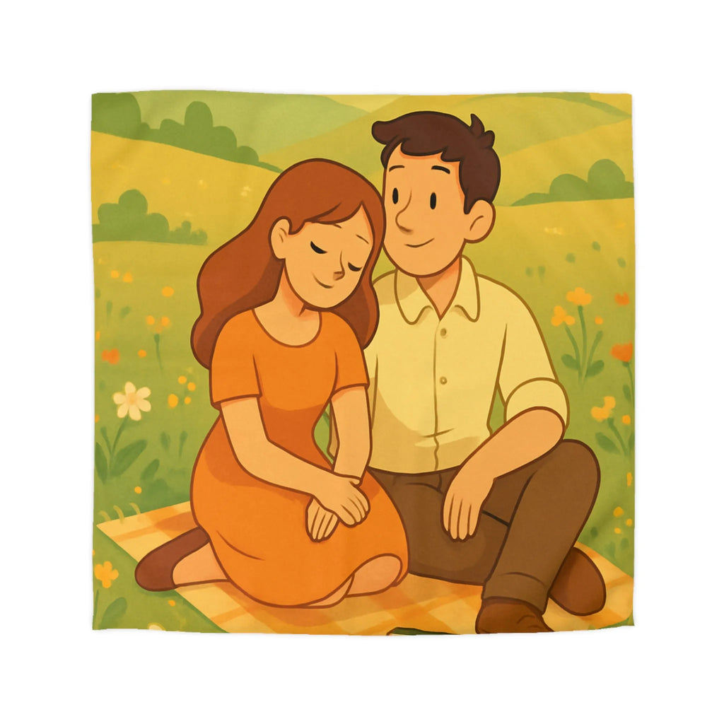 Housse de couette bucolique : couple romantique dans un champ fleuri en été