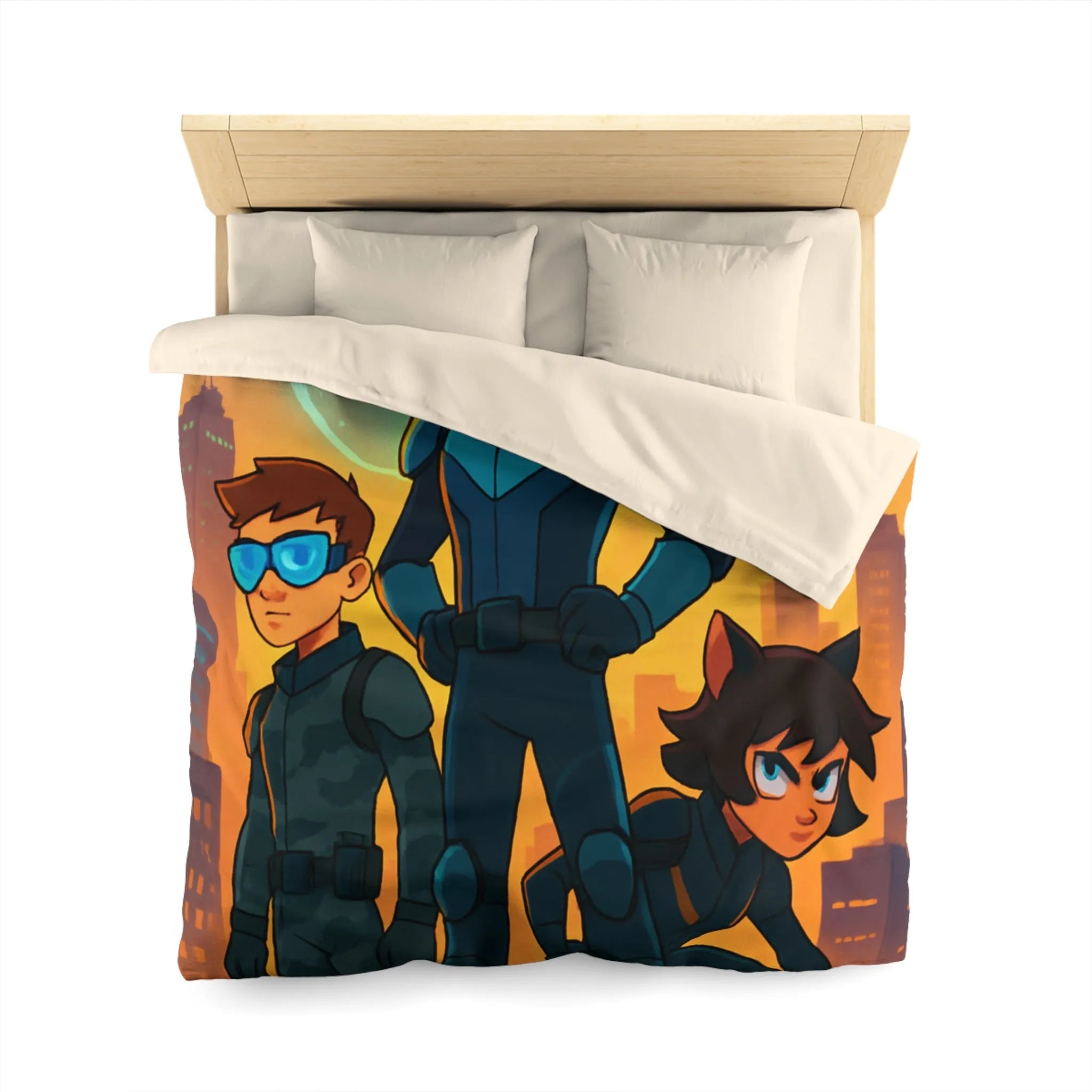 Ensemble d'aventure animé avec enfants héros sur fond urbain au crépuscule