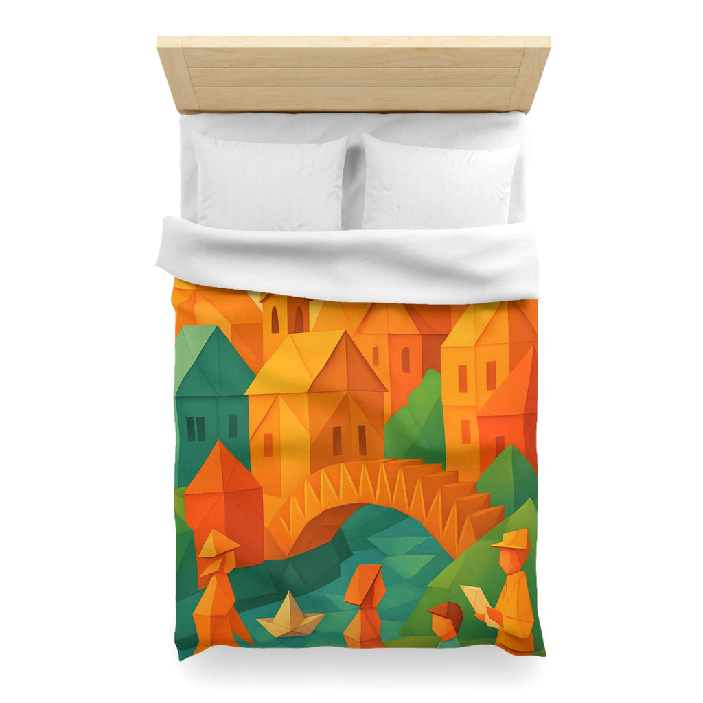 Housse de couette motif origami coloré avec paysage urbain et silhouettes humaines