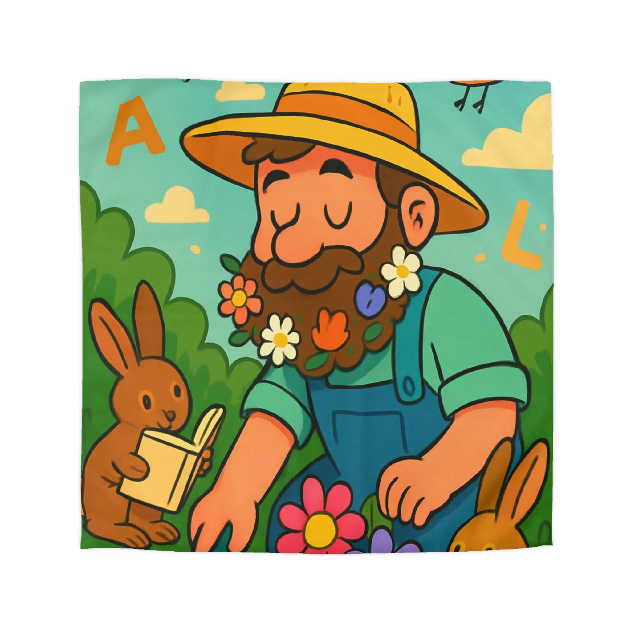 Housse de couette jardin enchanté avec fleurs, lapins et oiseaux colorés pour enfants