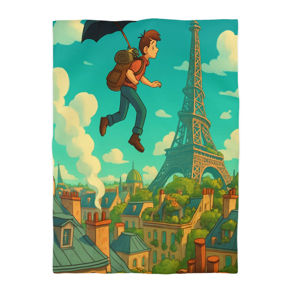 Enchanted Parisian Flight: Kid Floating Above Cityscape with Umbrella and Backpack