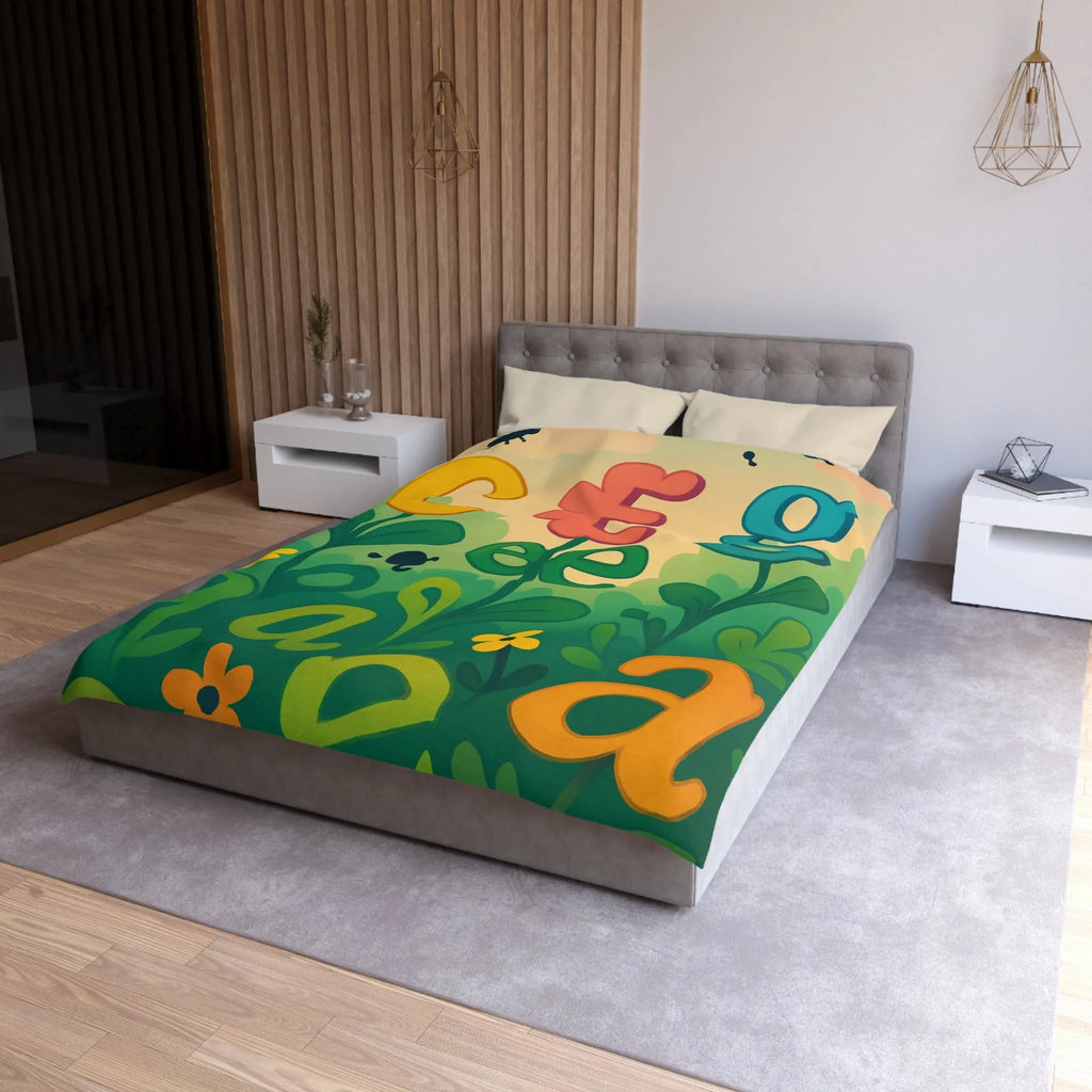 Housse de couette colorée avec lettres et fleurs pour chambre d'enfant joyeuse