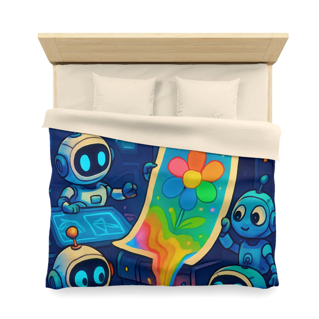 Drôles de robots imprimant une fleur colorée dans un atelier futuriste lumineux