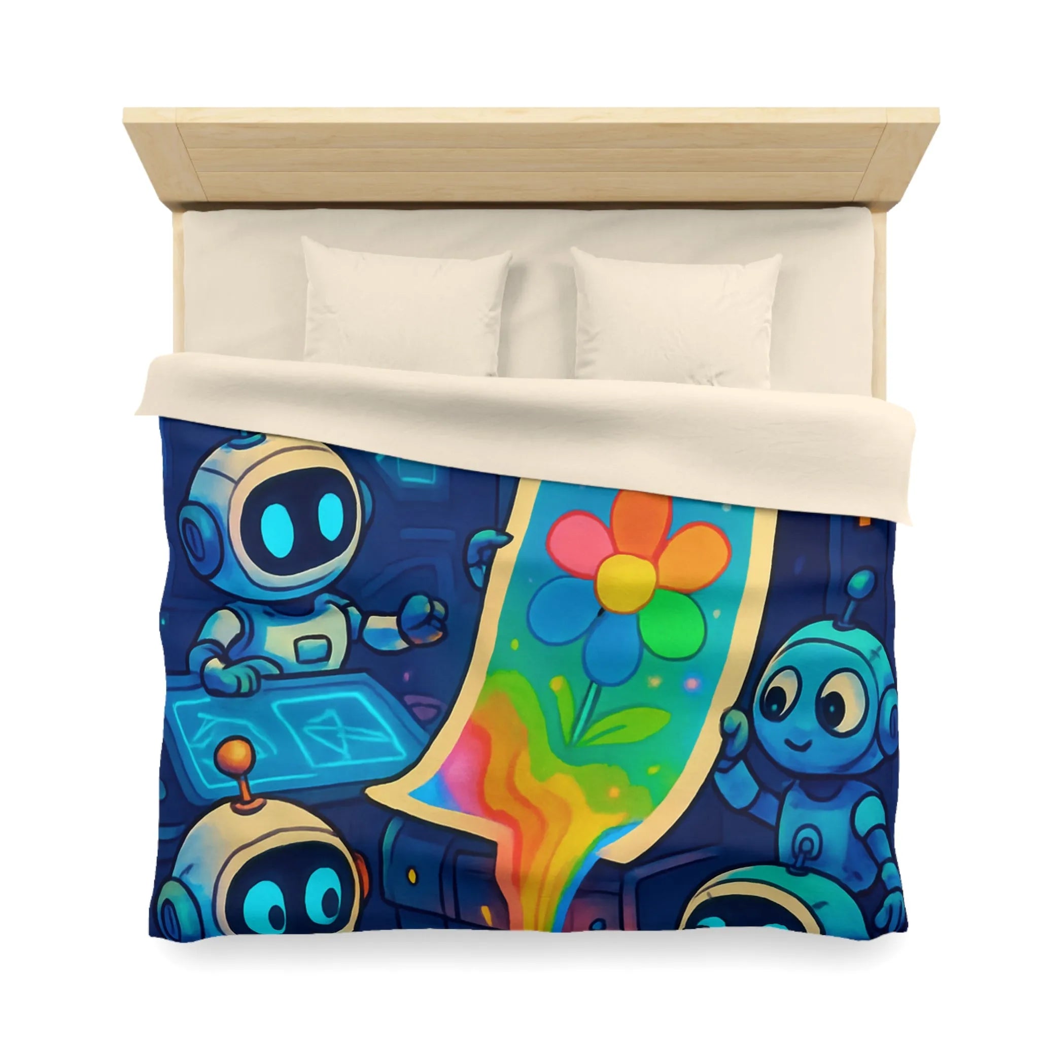 Drôles de robots imprimant une fleur colorée dans un atelier futuriste lumineux