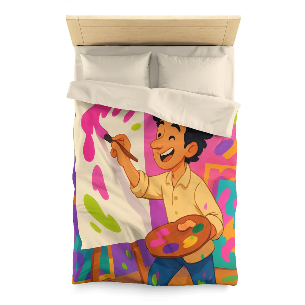 Housse de couette colorée avec artiste joyeux peignant des éclaboussures lumineuses abstraites