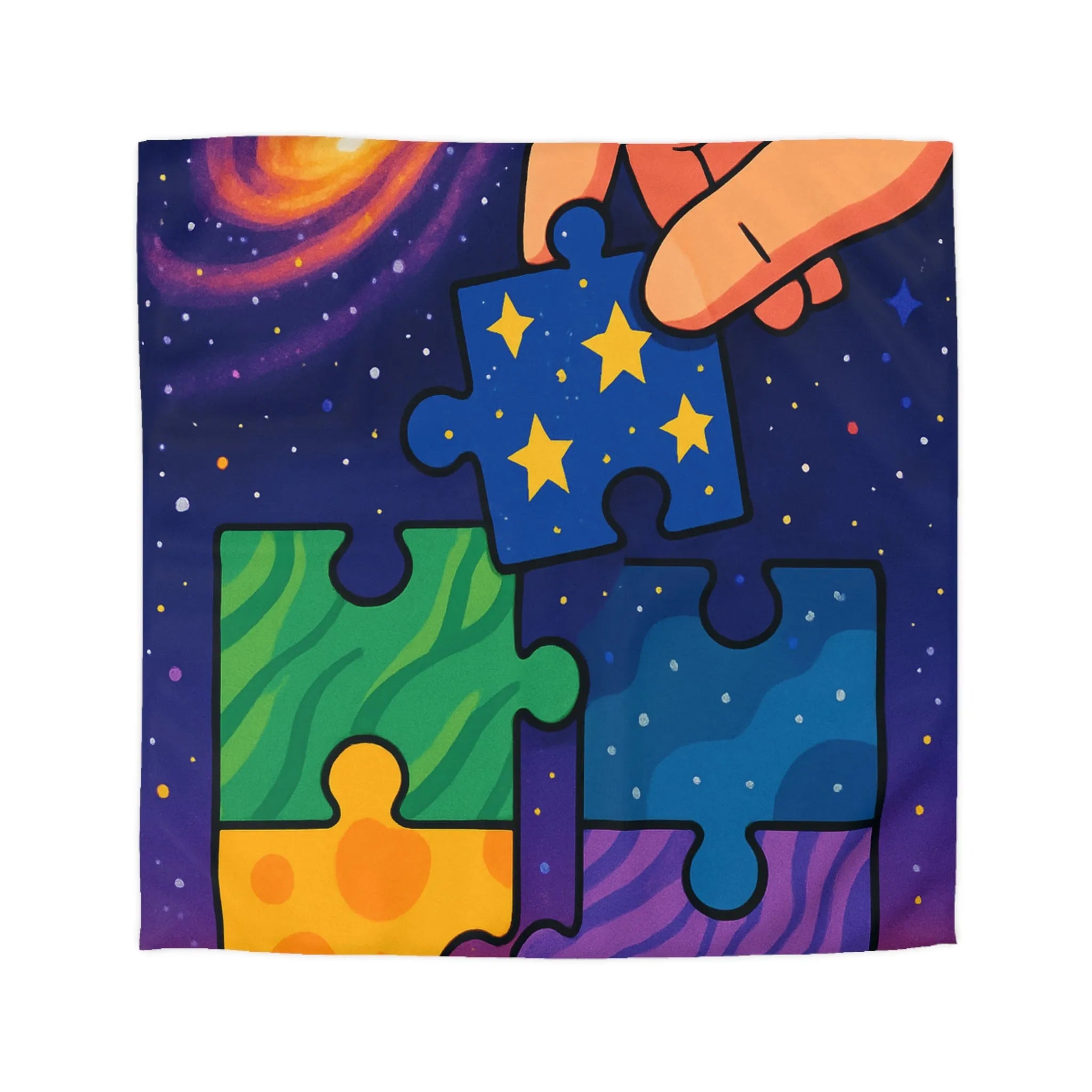 Housse de couette colorée avec motifs puzzle vibrants et design cosmique étoilé