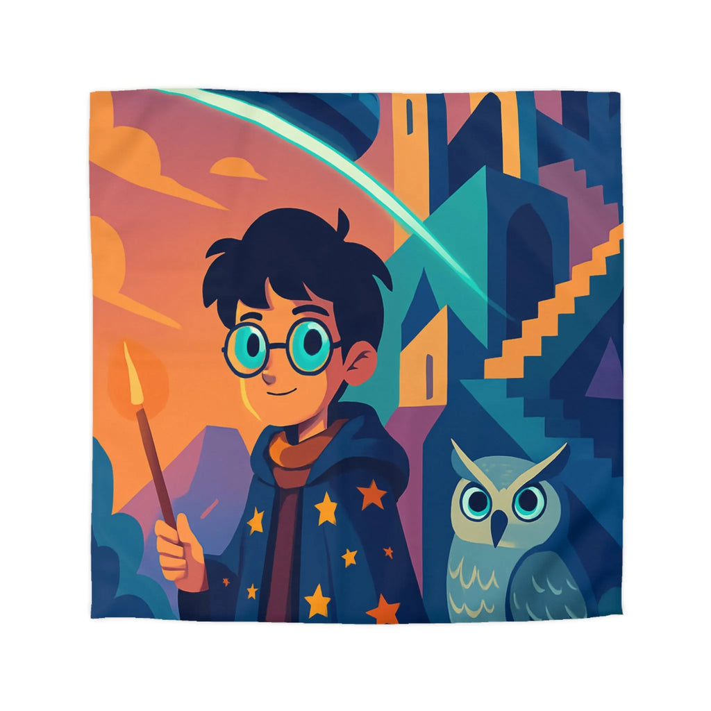 Housse de couette magique avec motif de garçon sorcier et hibou lumineux