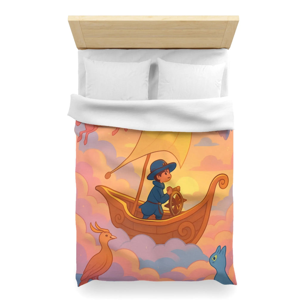 Housse de Couette Enchantée Avec Licorne et Bateau Volant Dans le Ciel Éthéré