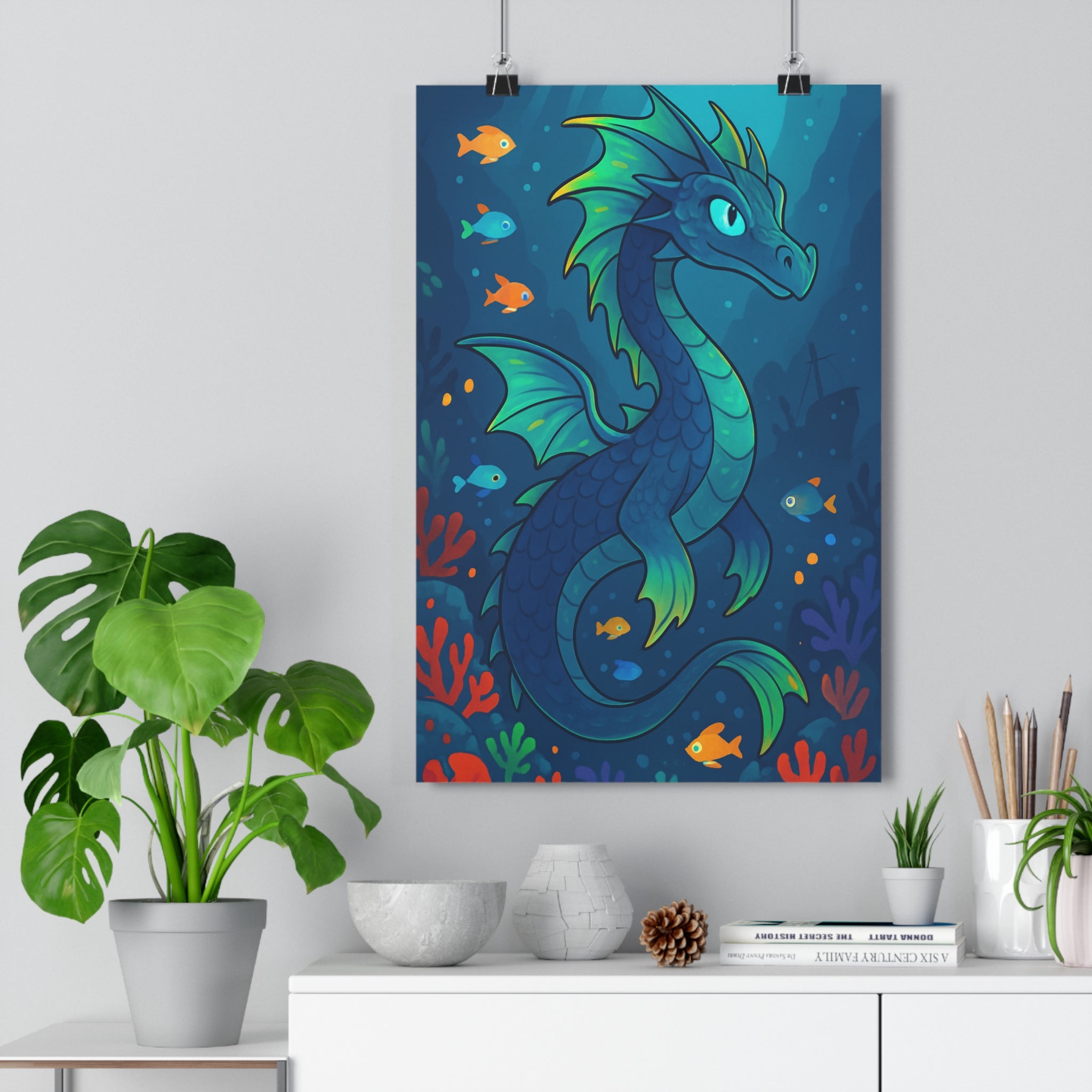 Poster décoratif cartoon dragon aquatique bleu profond mystique chambre enfant corail vibrant 30x46 cm