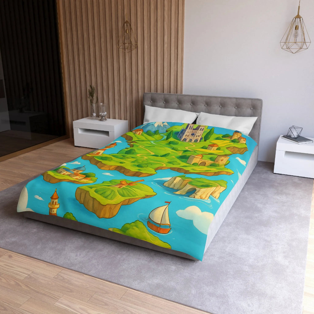 Housse de Couette Fantaisie Île Flottante Paysage Coloré Mer Moulins et Phare