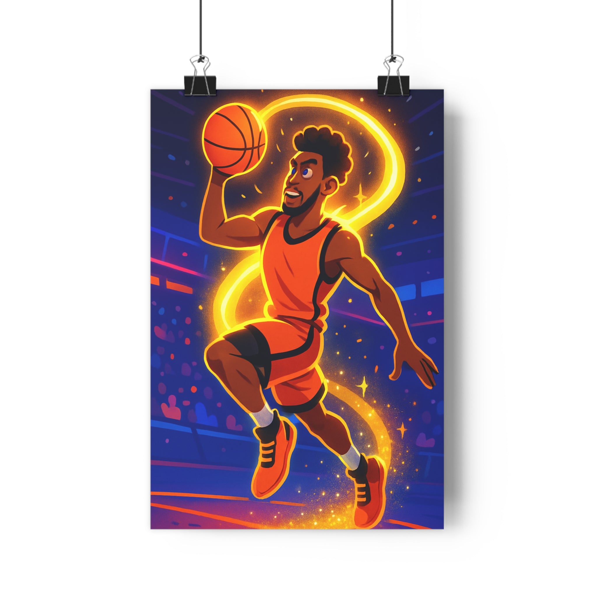 Poster décoratif vibrant basketball néon orange bleu cartoon chambre enfant dynamique 30x46 cm sport