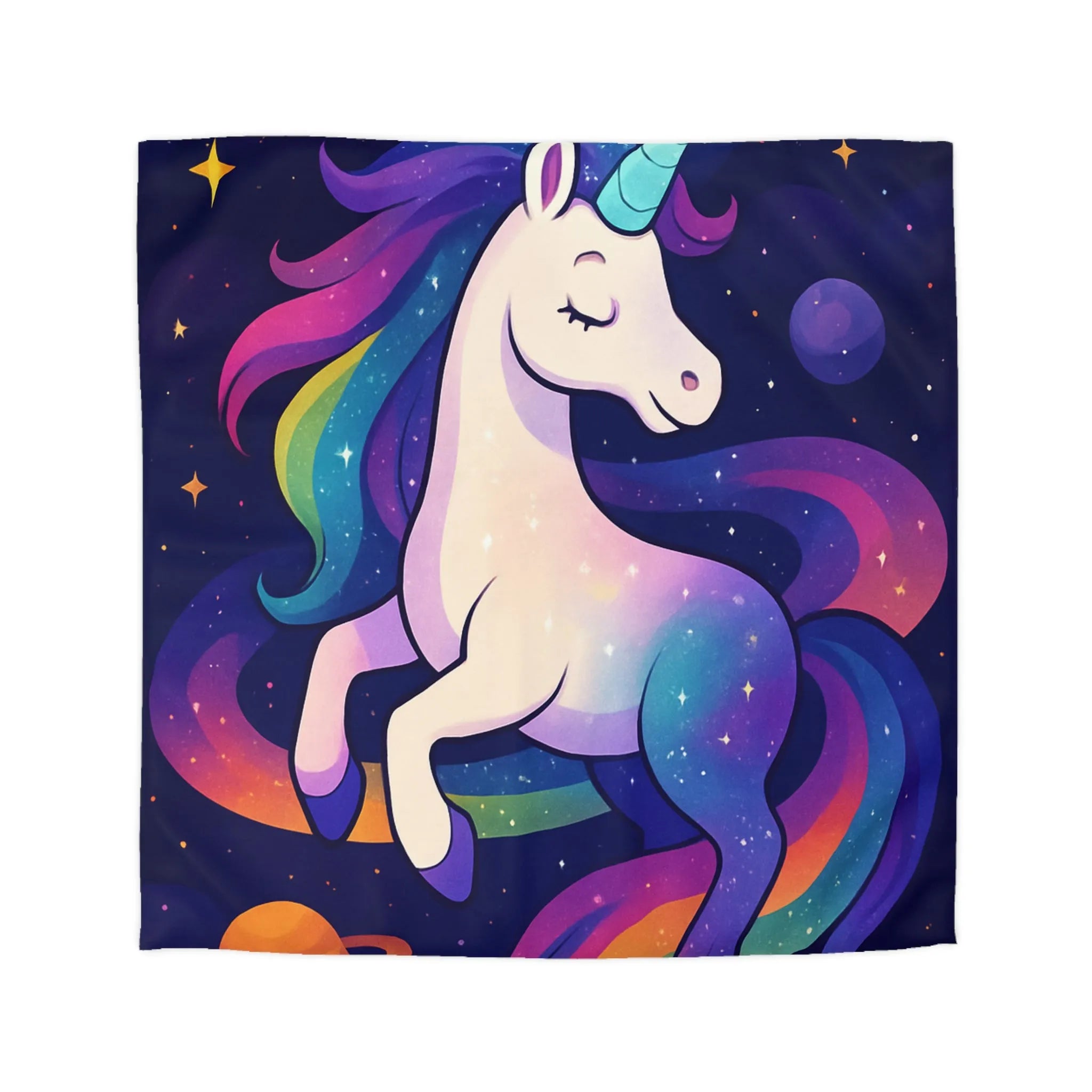 Housse de couette féerique avec licorne et planètes dans un ciel étoilé vibrant