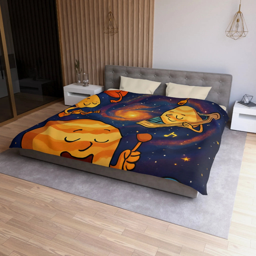 Ensemble joyeux de planètes musiciennes dans l'univers coloré pour housse de couette enfant