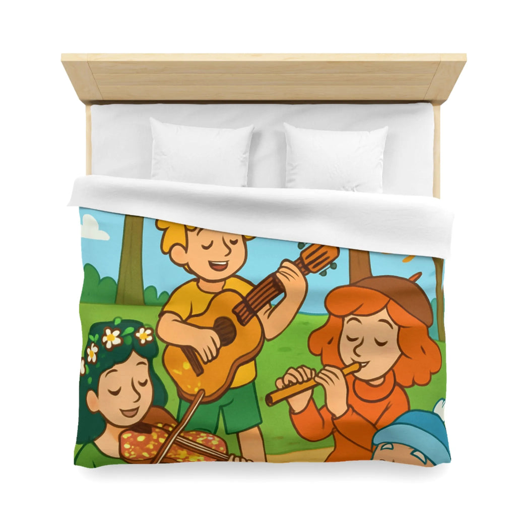 Housse de couette colorée avec enfants jouant de la musique en forêt automnale