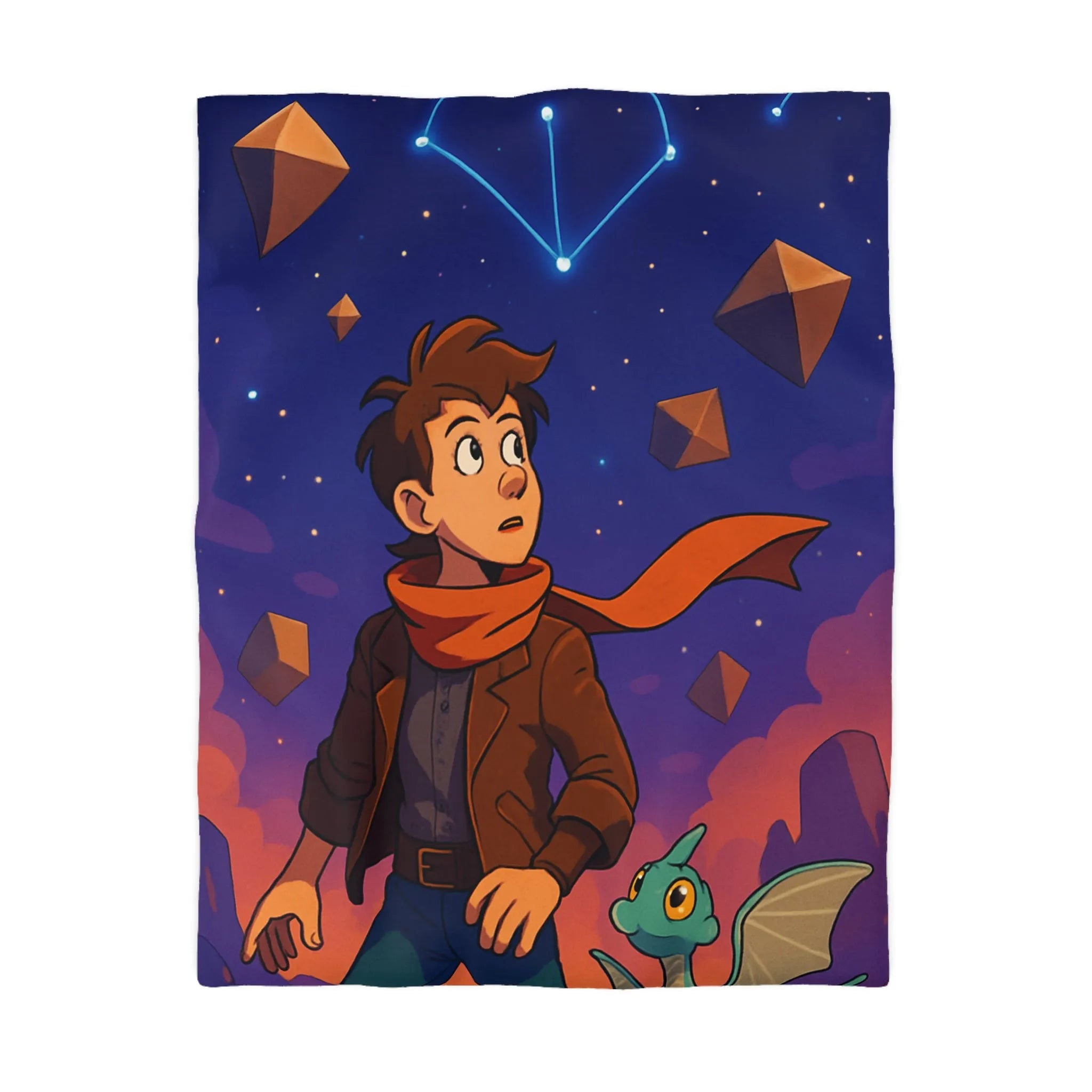 Housse de couette aventure nuit étoilée avec enfant et dragon mignon