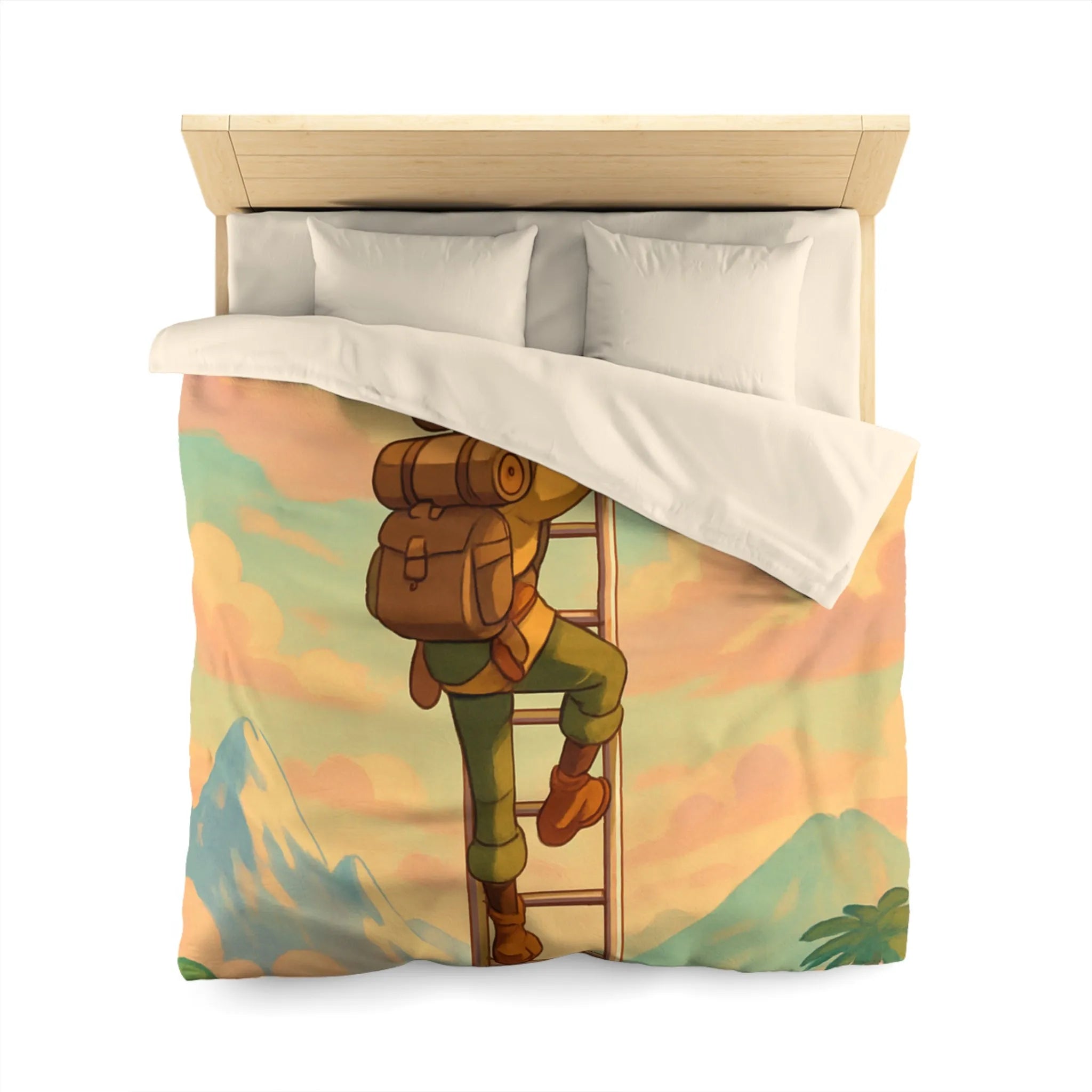 Housse de couette avec aventurier grimpant échelle vers ciel pastel et montagnes lointaines