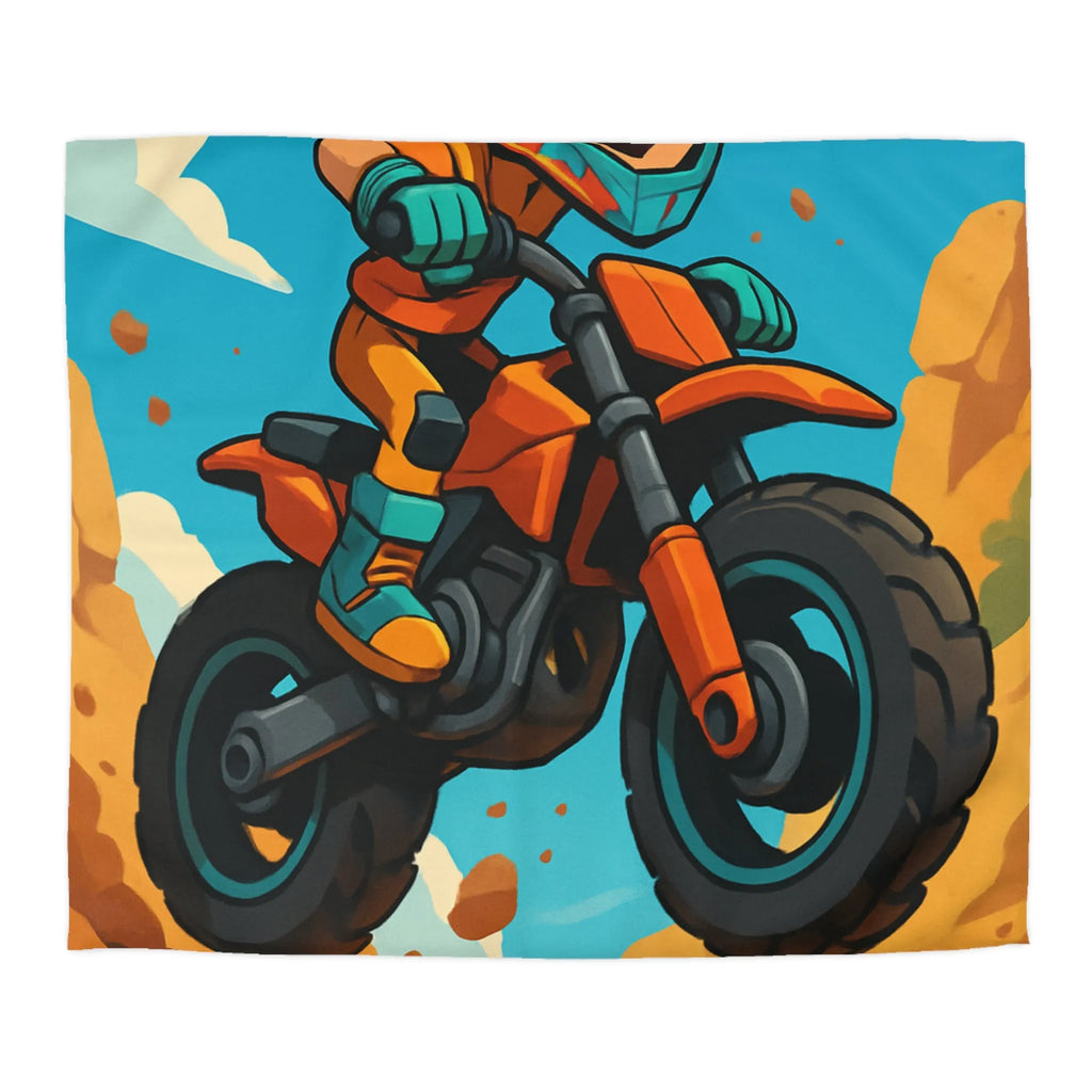 Housse de couette enfant motocross orange avec paysage montagneux et ciel bleu vif