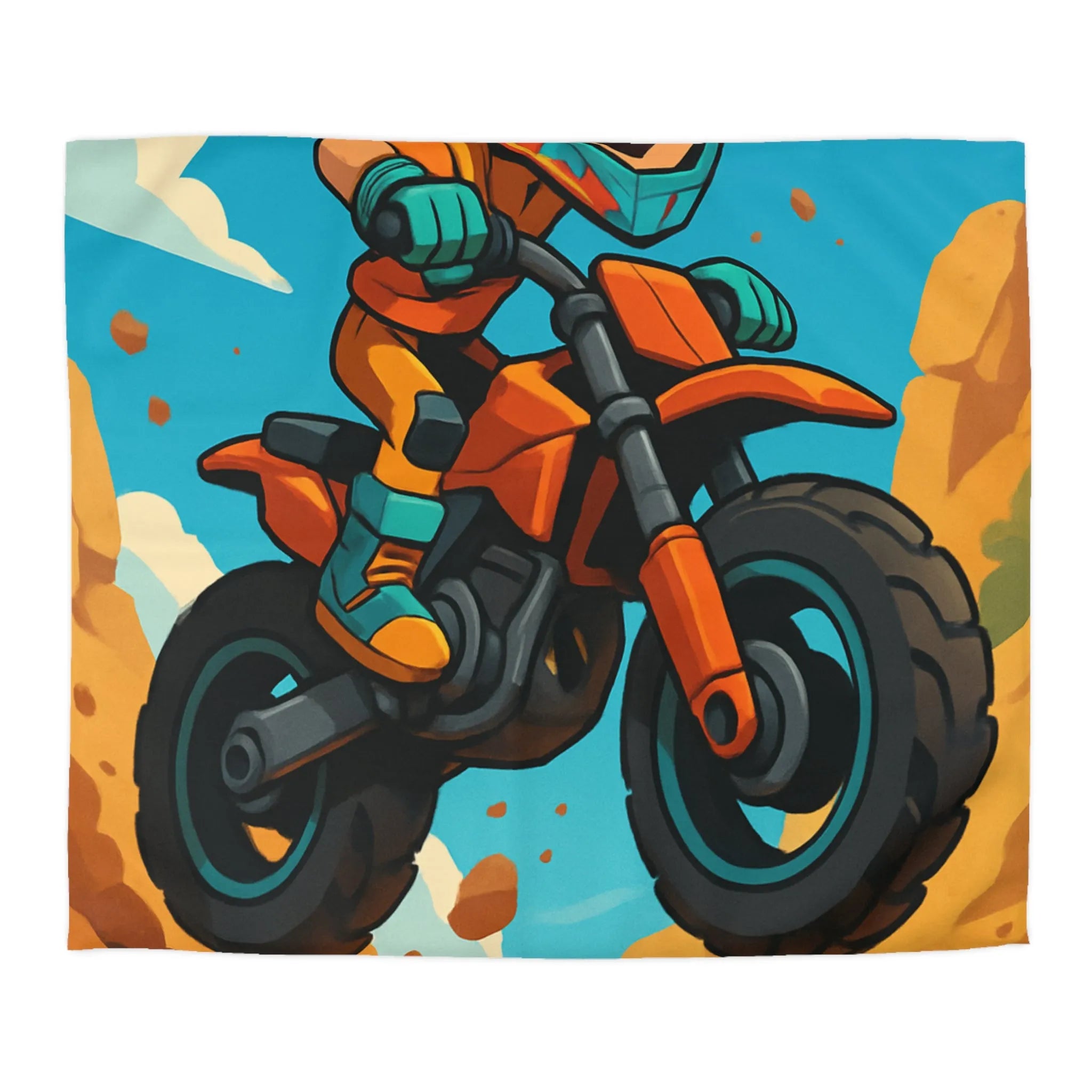 Housse de couette enfant motocross orange avec paysage montagneux et ciel bleu vif