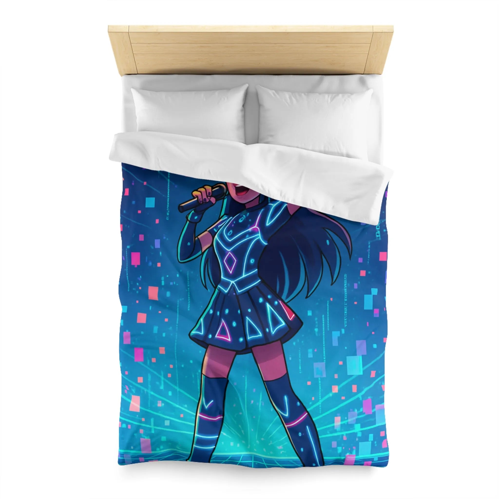 Housse de Couette Fille Chanteuse Néon Style Futuriste Graphiques Lumineux Bleu Rose